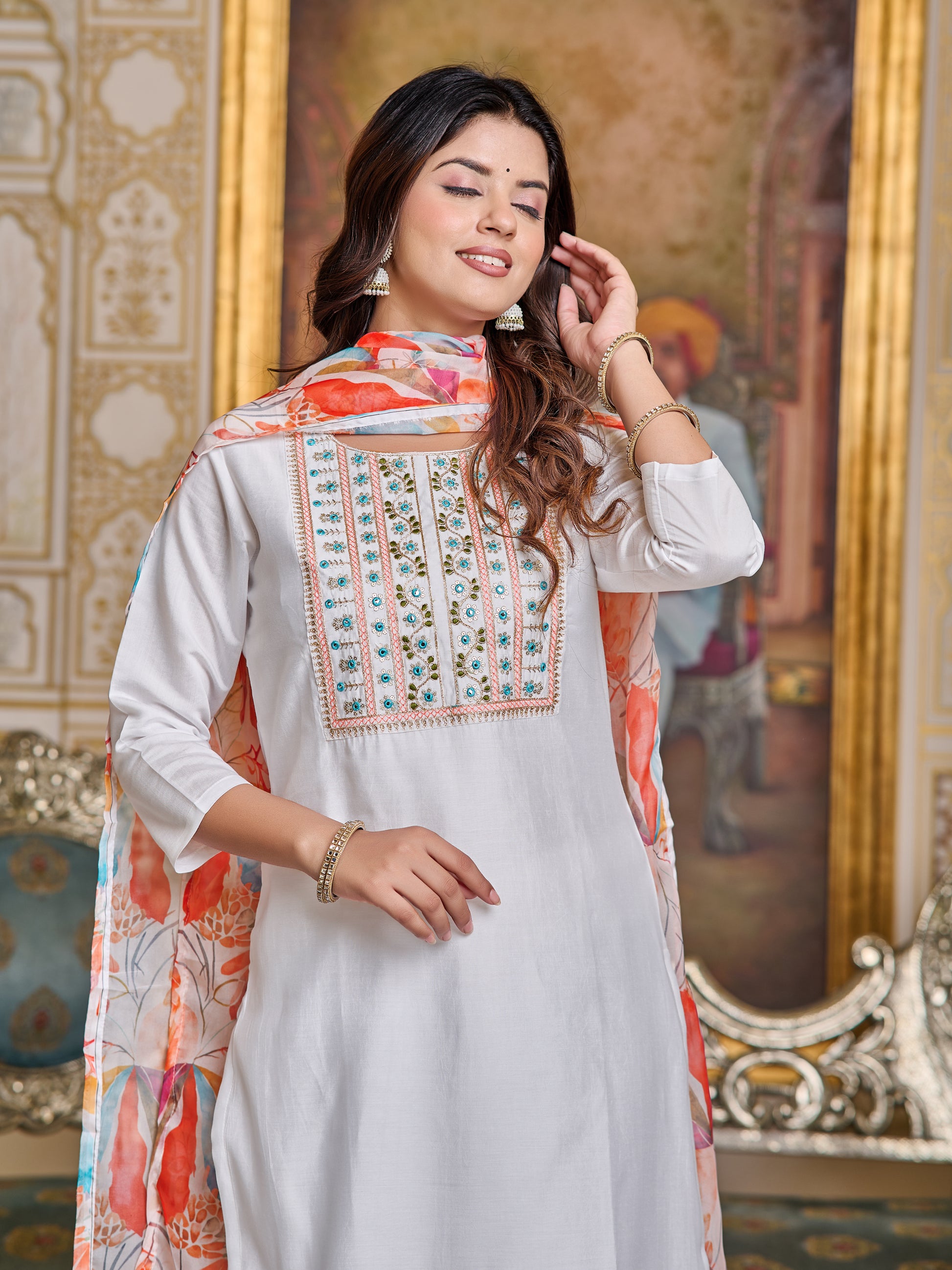 Chanderi Embroidered Kurta Set with Pant & Digital Print Dupatta