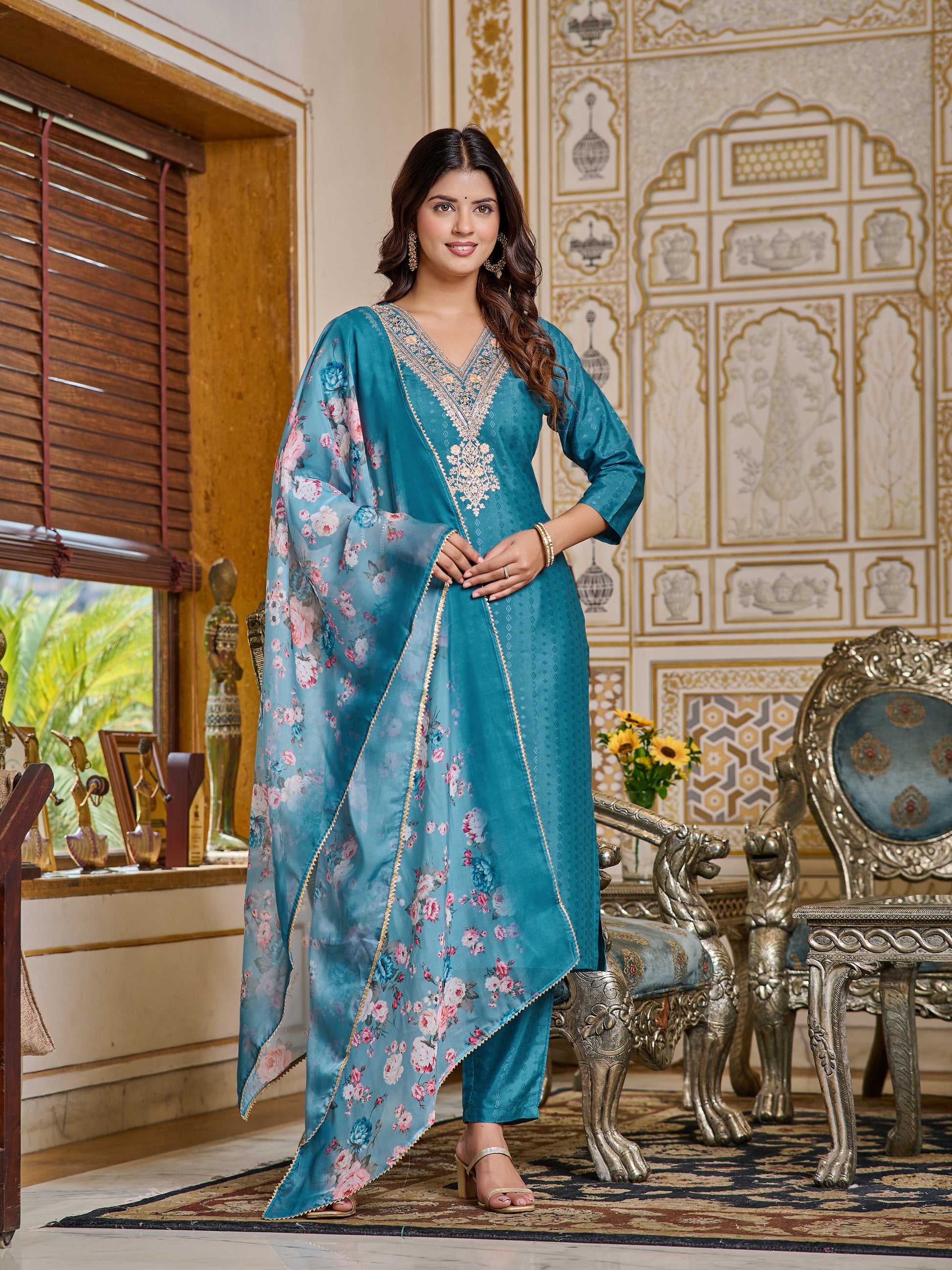 Embroidered Viscose Rayon Kurta Set with Pant & Dupatta