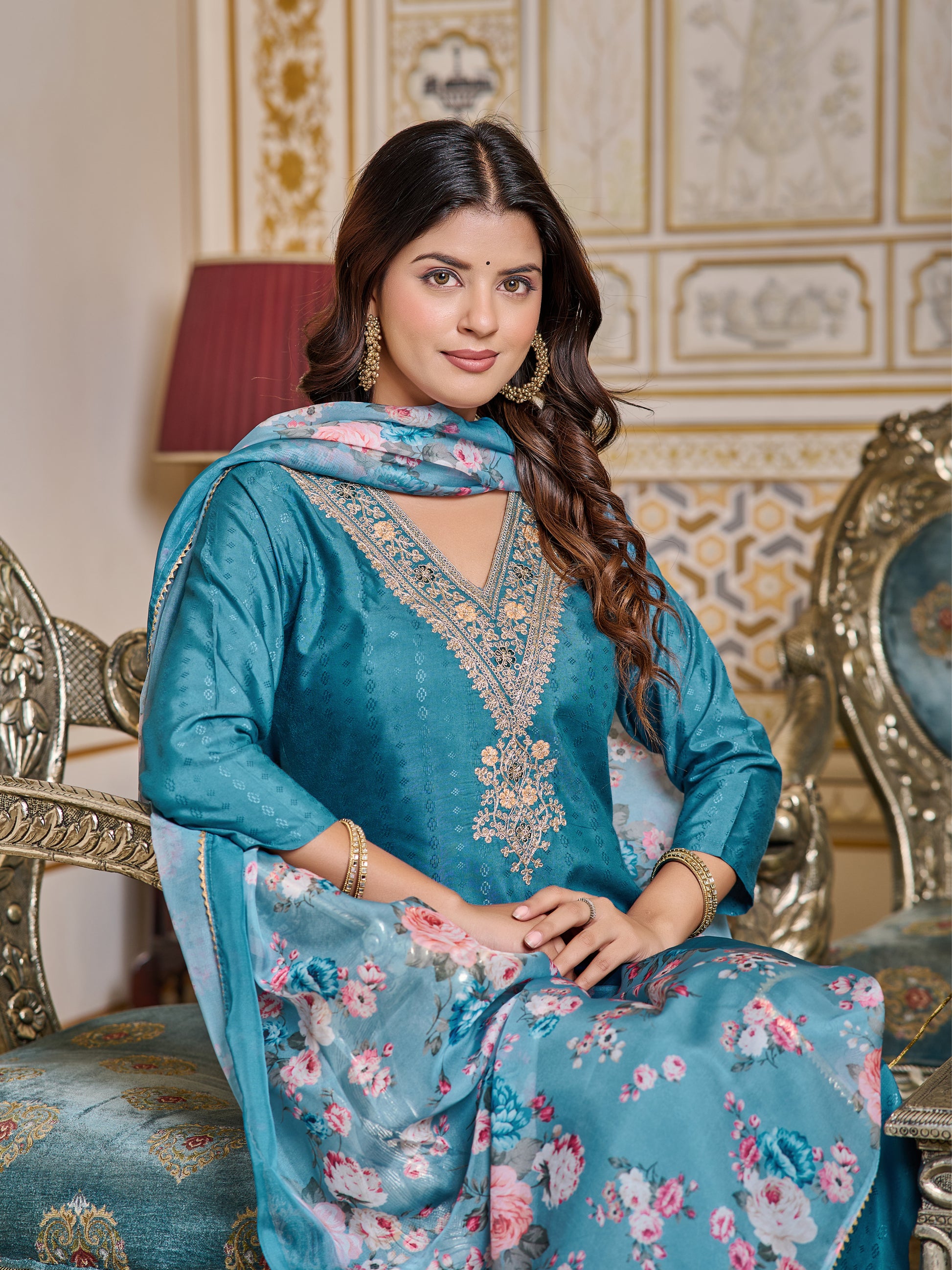 Embroidered Viscose Rayon Kurta Set with Pant & Dupatta