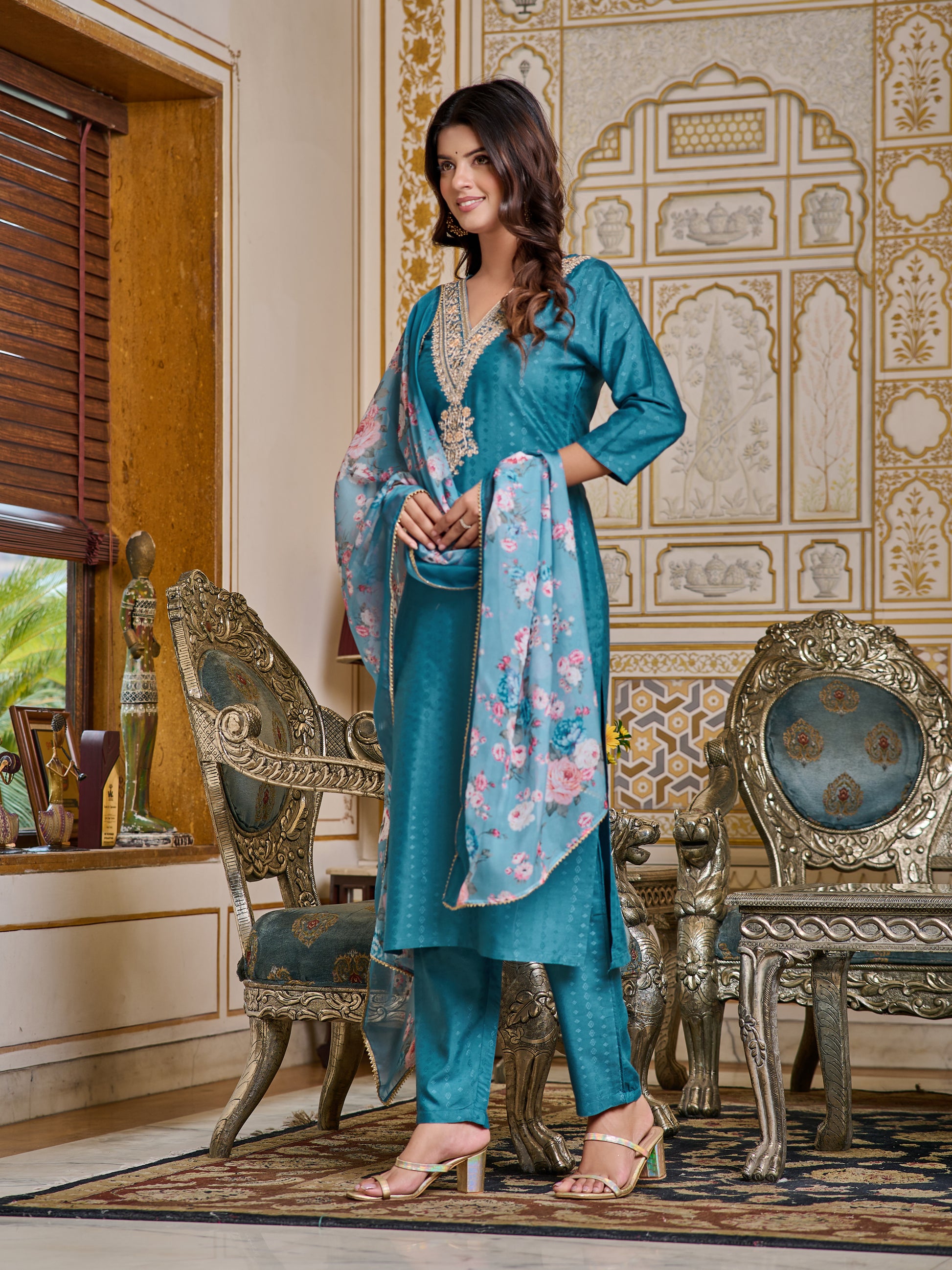 Embroidered Viscose Rayon Kurta Set with Pant & Dupatta