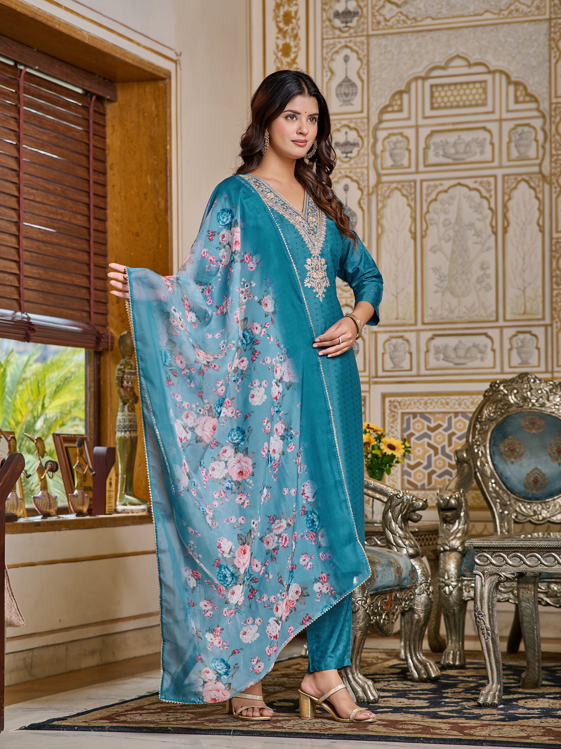Embroidered Viscose Rayon Kurta Set with Pant & Dupatta