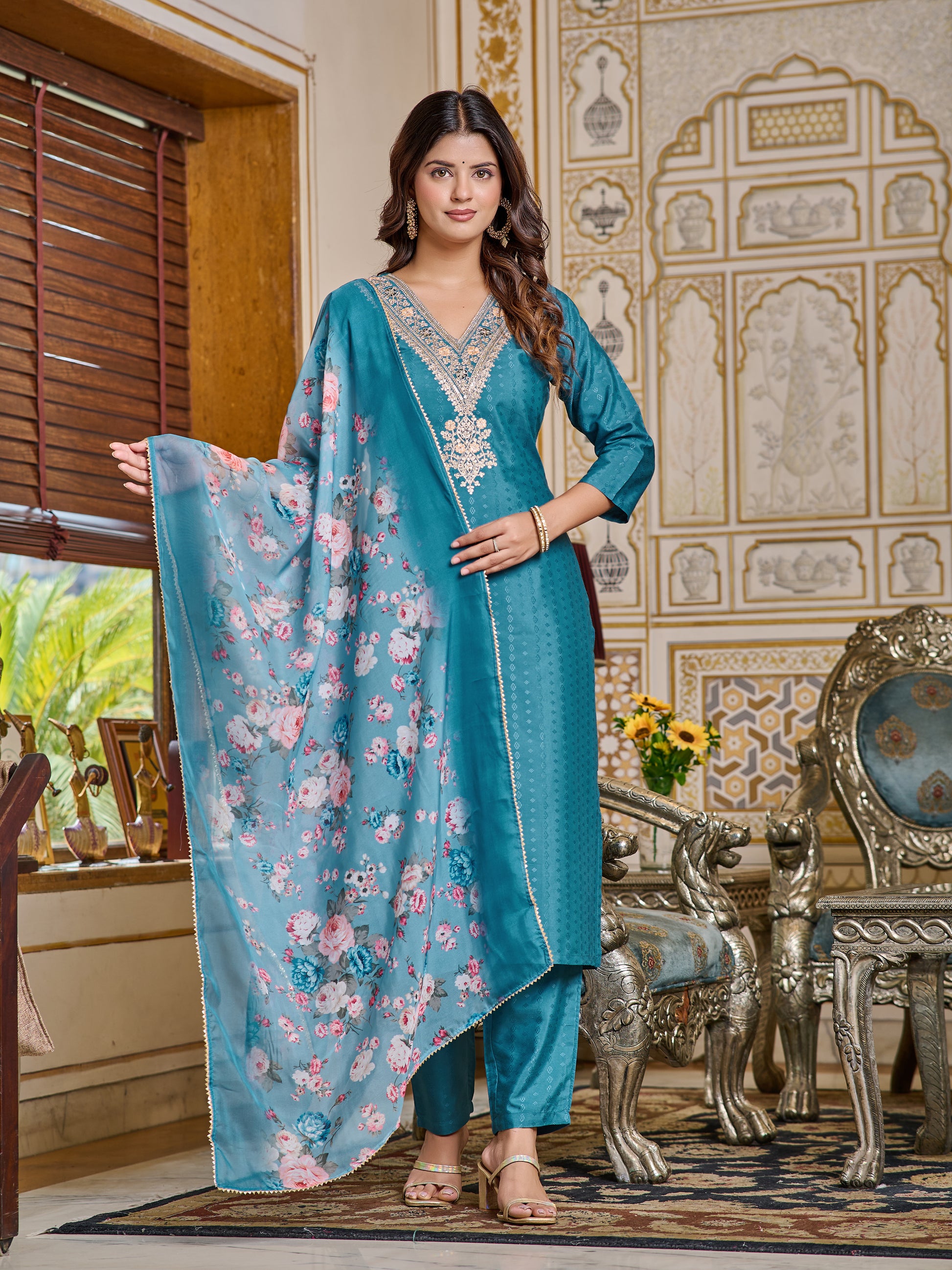Embroidered Viscose Rayon Kurta Set with Pant & Dupatta