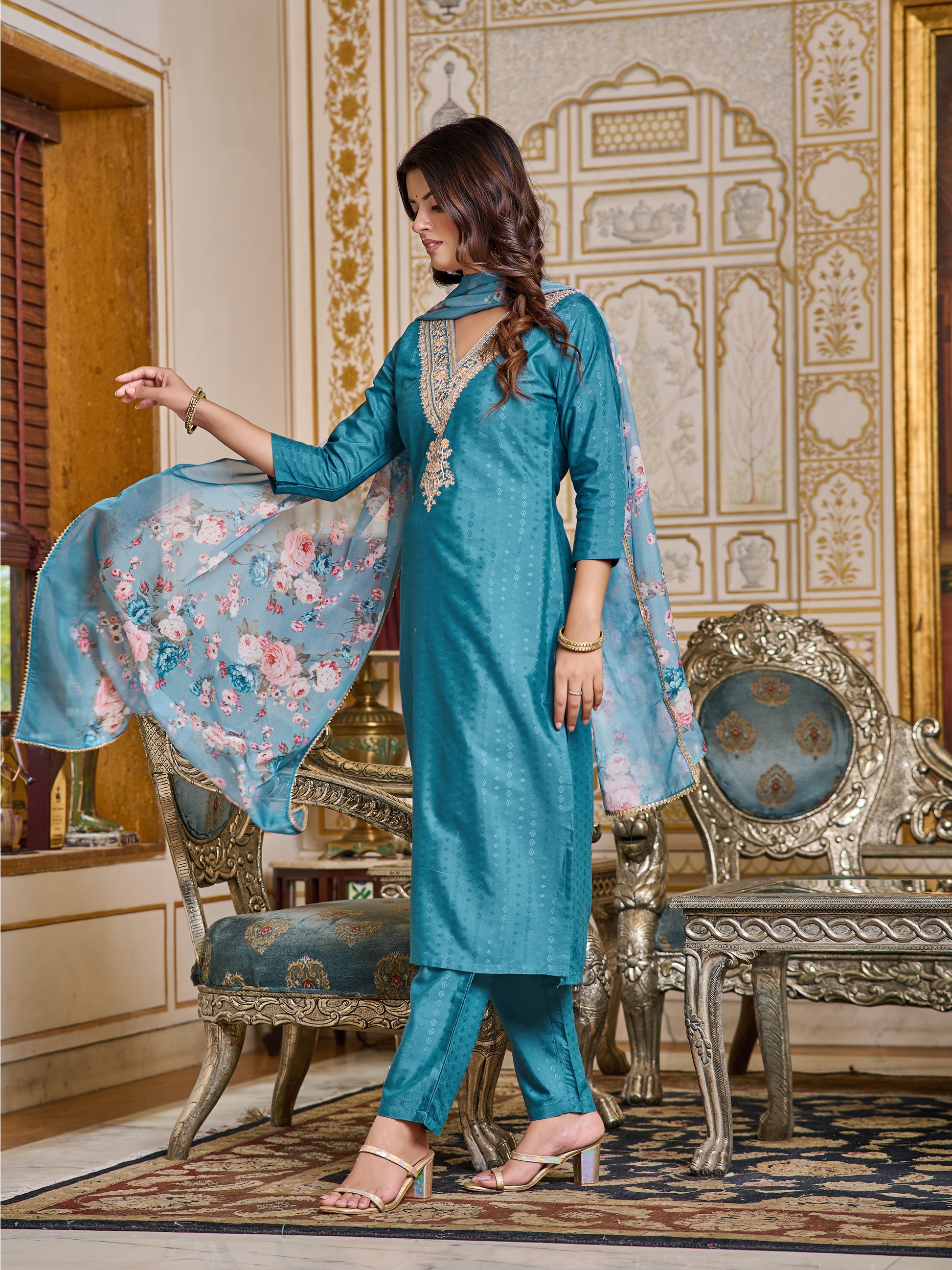 Embroidered Viscose Rayon Kurta Set with Pant & Dupatta
