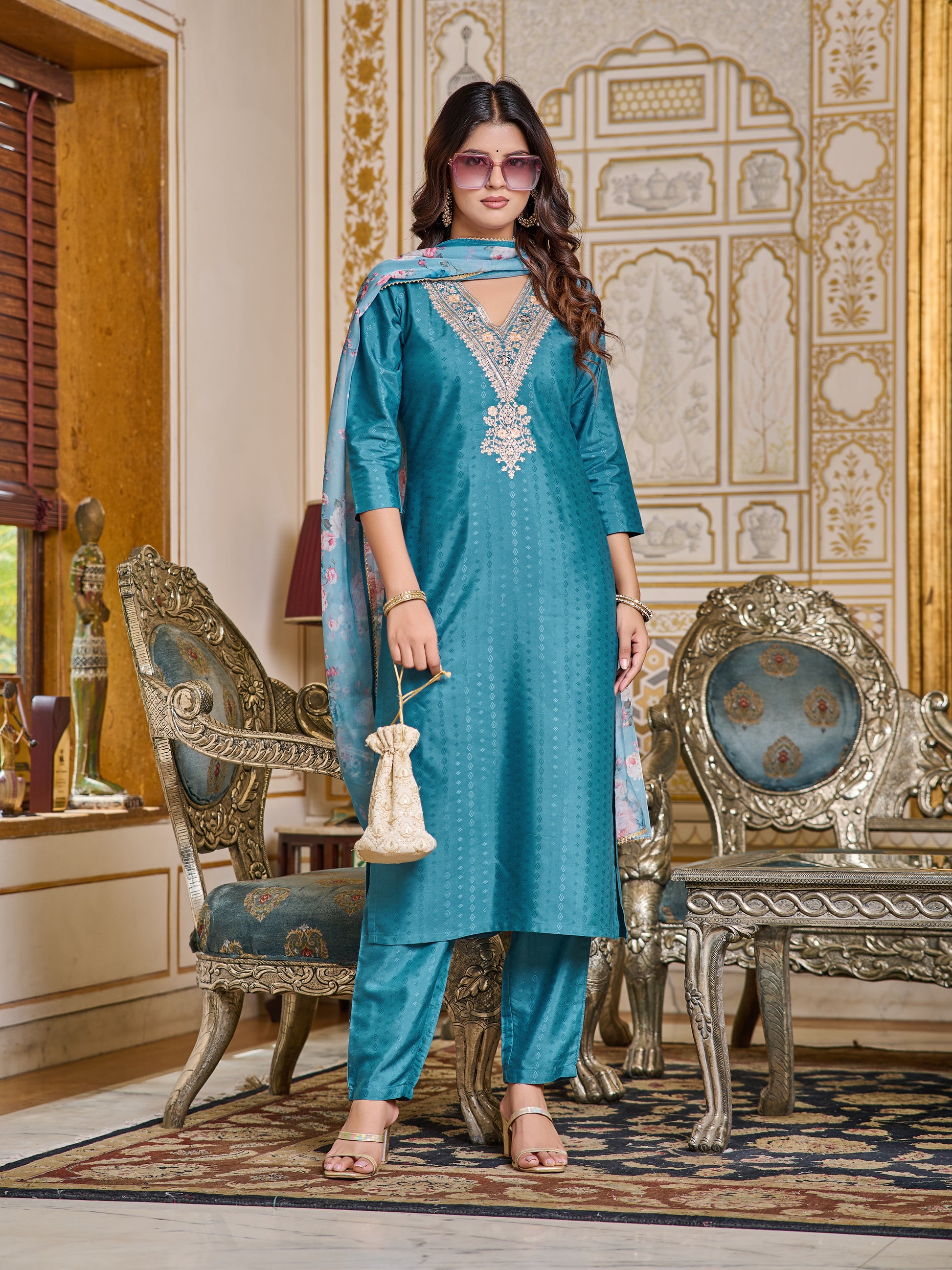 Embroidered Viscose Rayon Kurta Set with Pant & Dupatta
