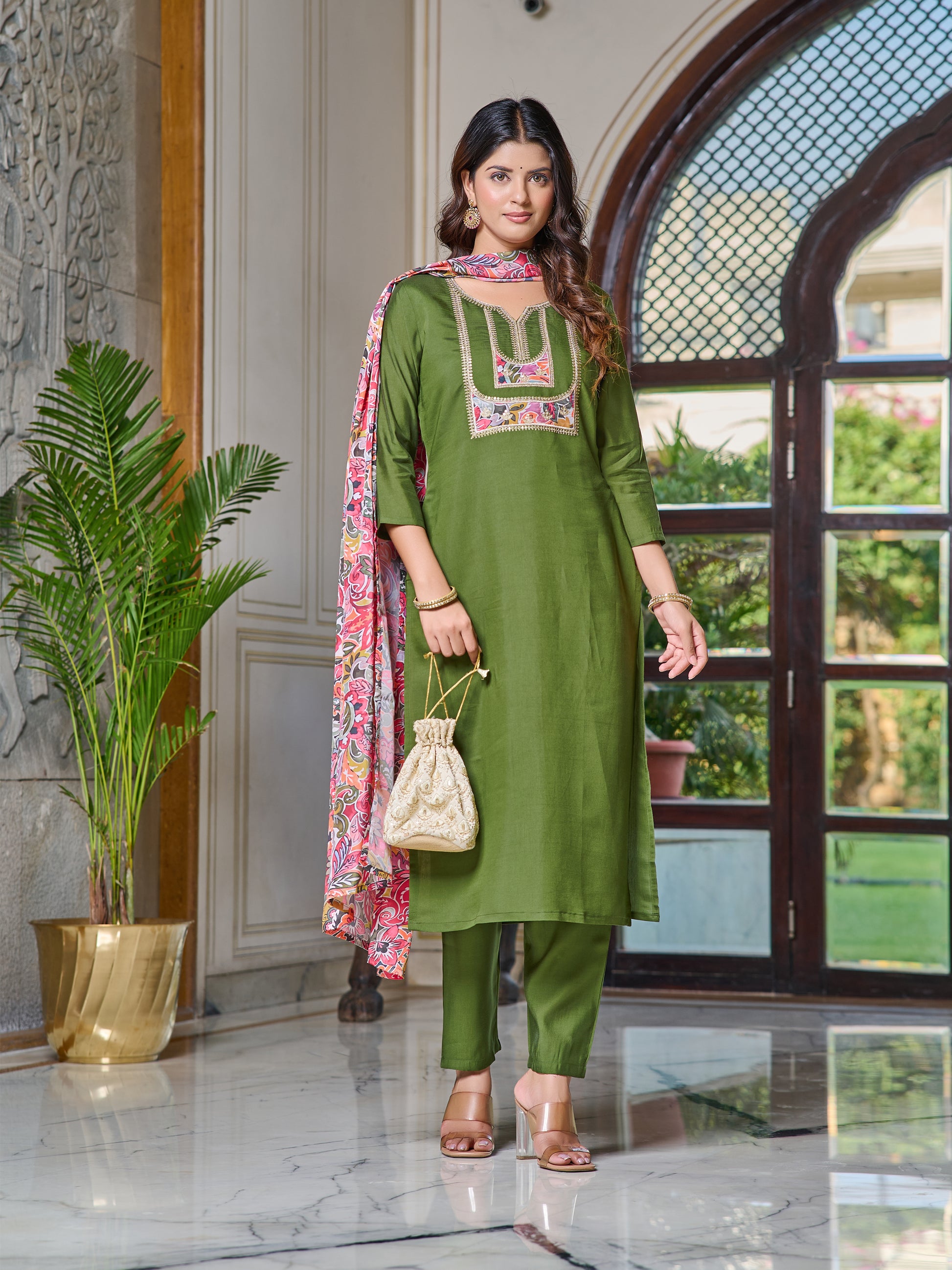 Embroidered Chanderi Kurta Set with Pant & Dupatta