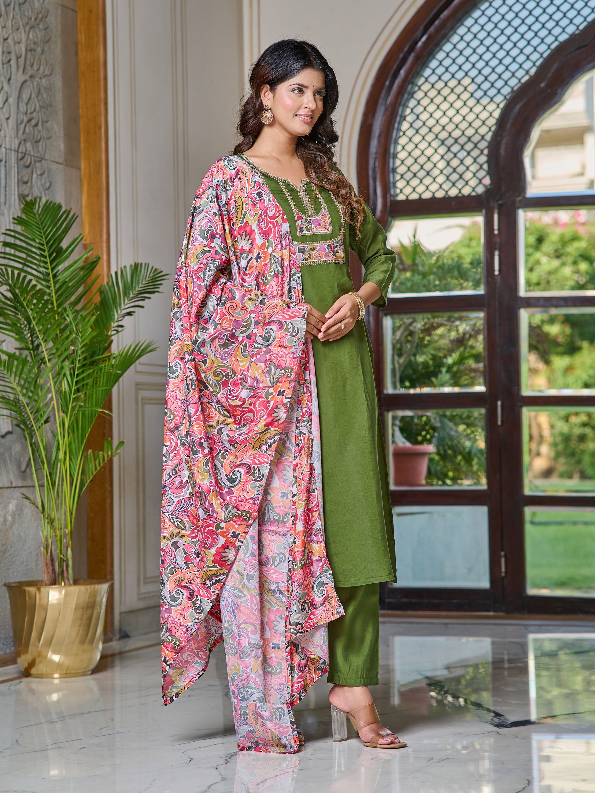 Embroidered Chanderi Kurta Set with Pant & Dupatta