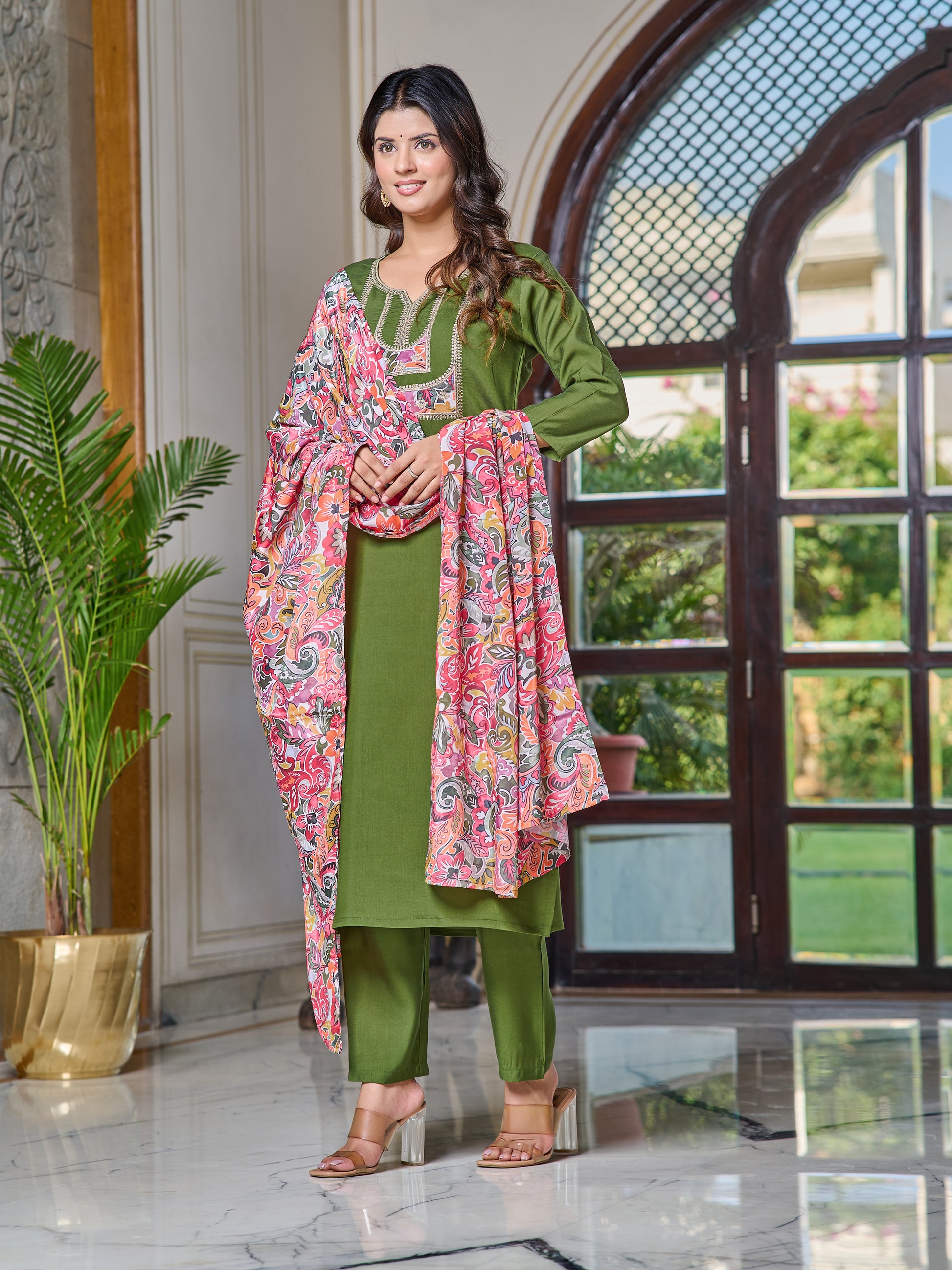 Embroidered Chanderi Kurta Set with Pant & Dupatta
