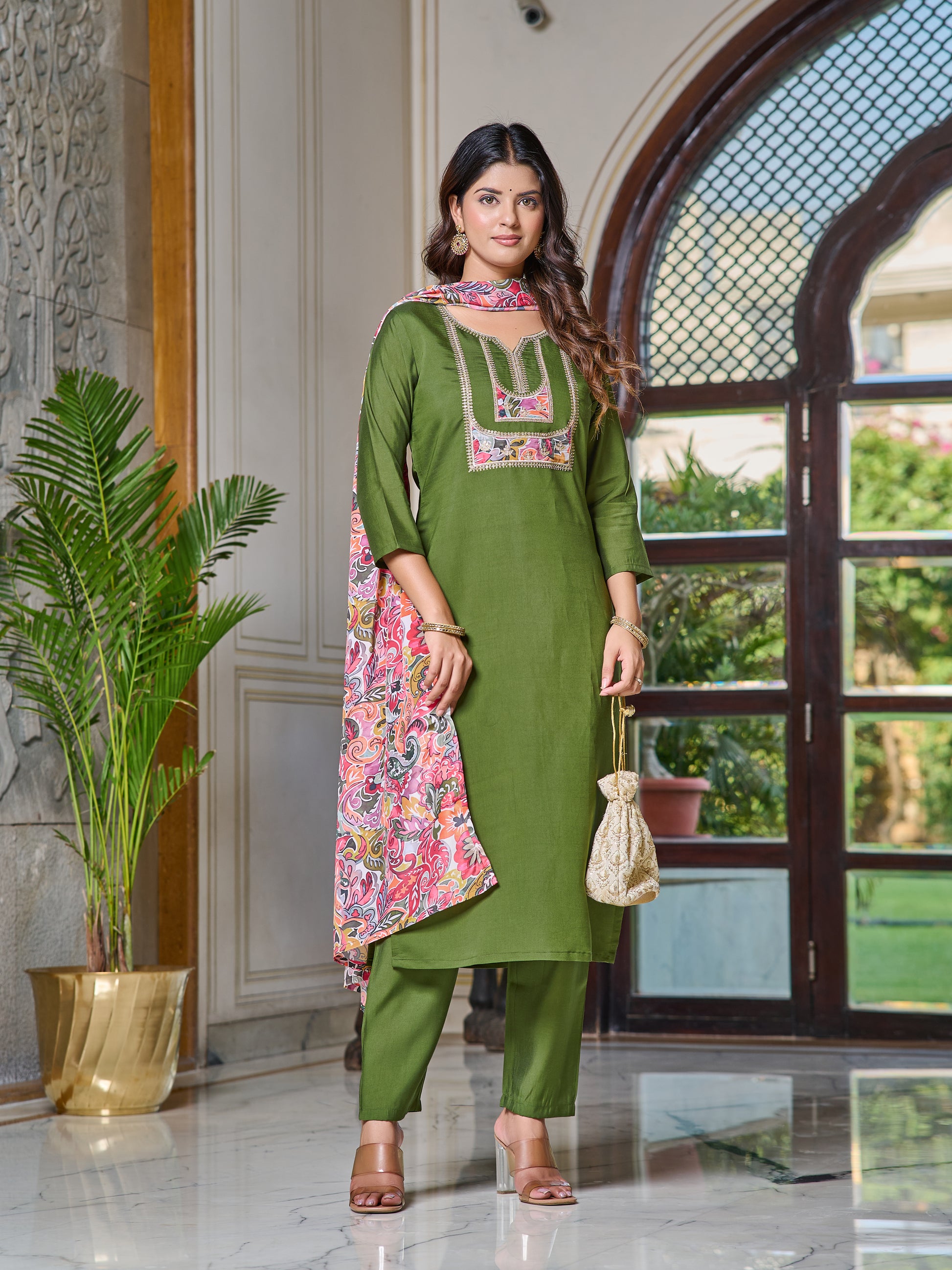 Embroidered Chanderi Kurta Set with Pant & Dupatta