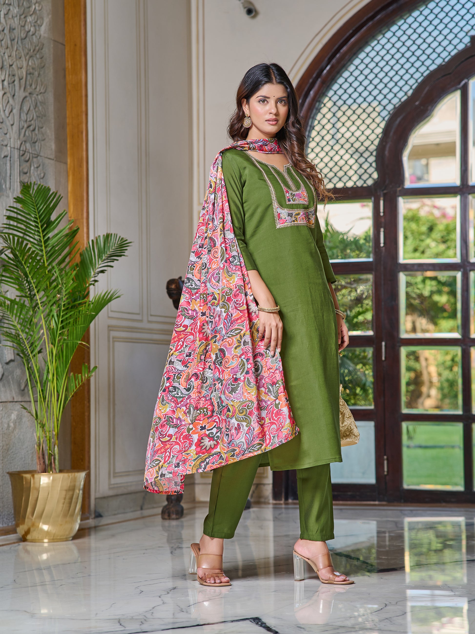 Embroidered Chanderi Kurta Set with Pant & Dupatta