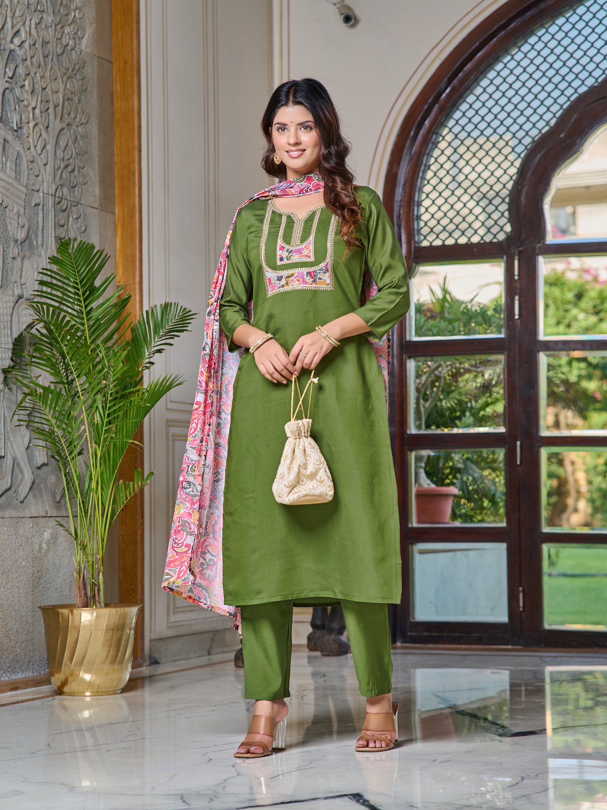 Embroidered Chanderi Kurta Set with Pant & Dupatta