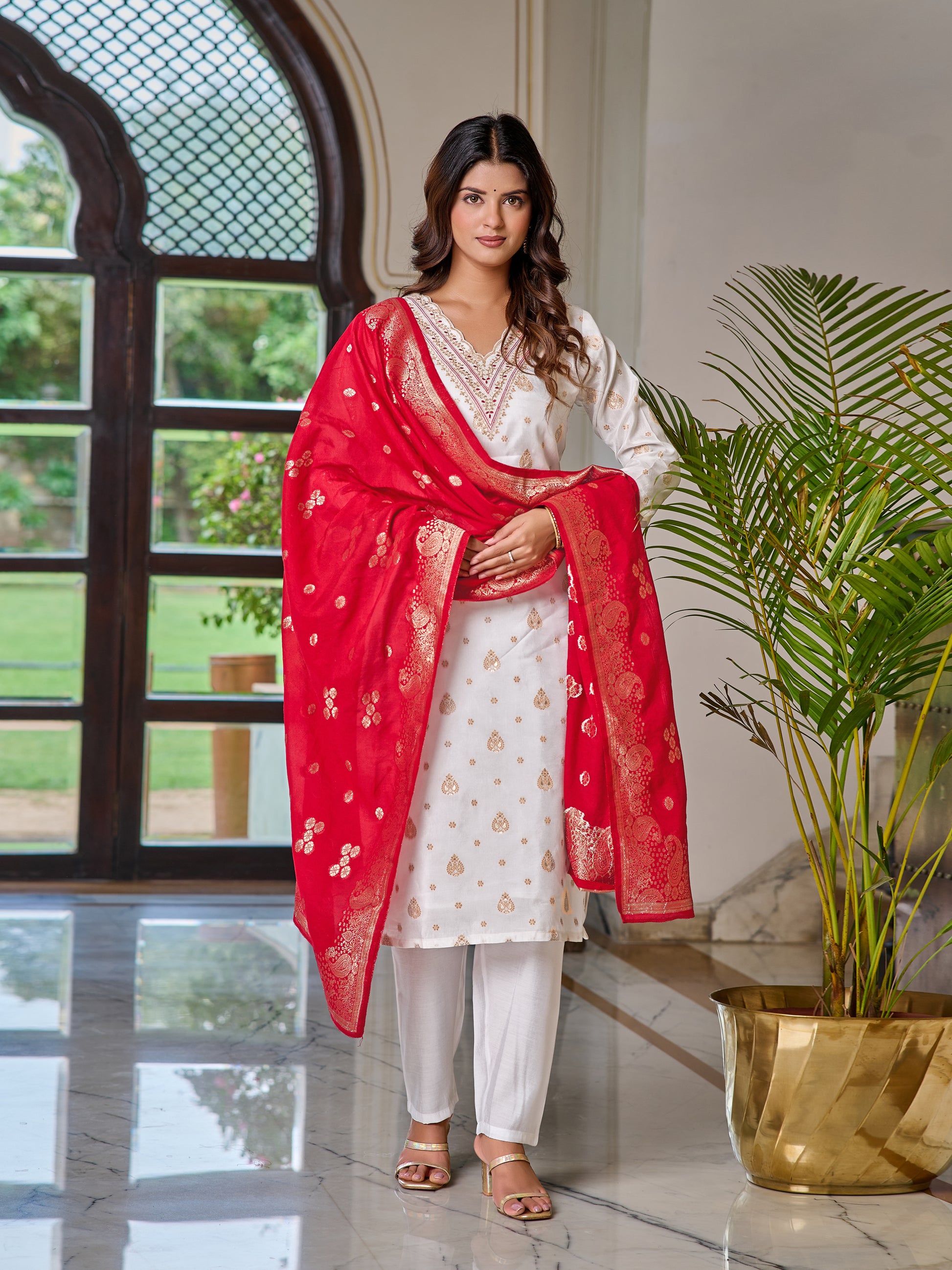 Jacquard Embroidered Kurta Set with Pant & Dupatta