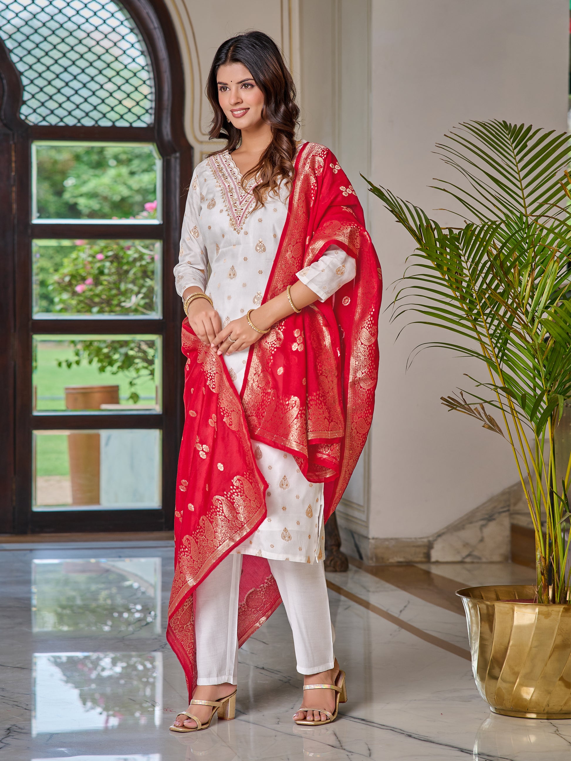 Jacquard Embroidered Kurta Set with Pant & Dupatta
