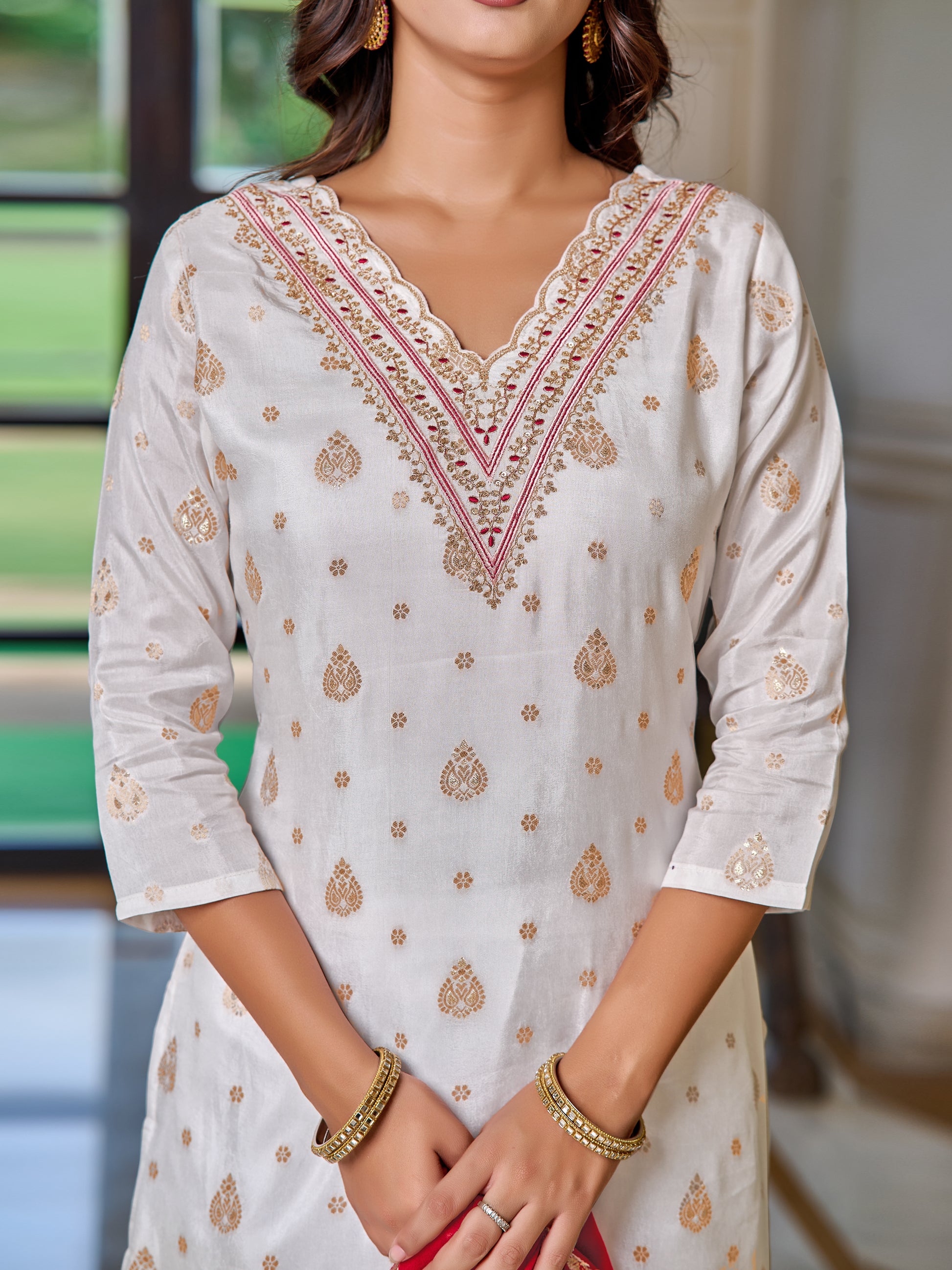 Jacquard Embroidered Kurta Set with Pant & Dupatta