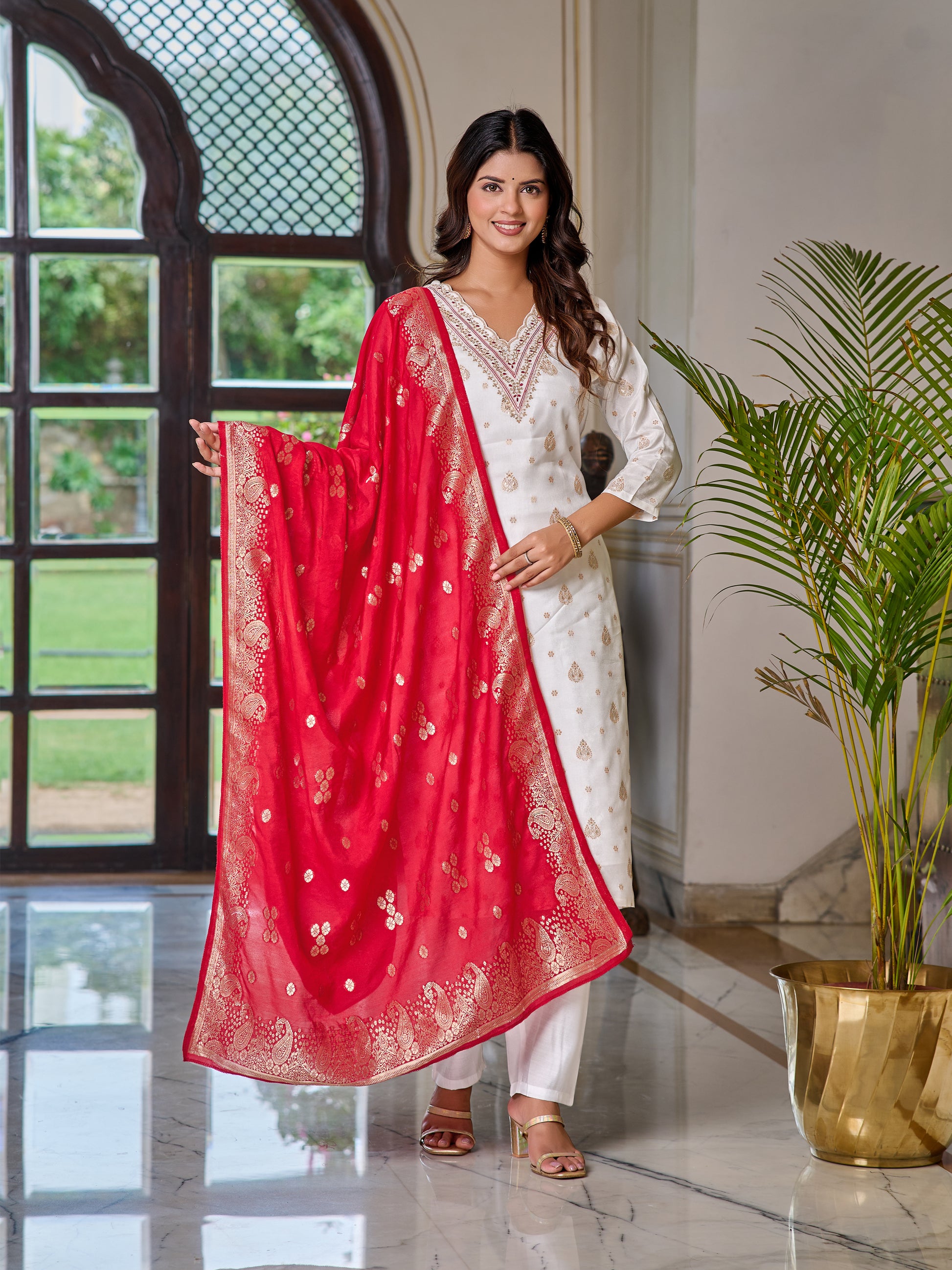 Jacquard Embroidered Kurta Set with Pant & Dupatta