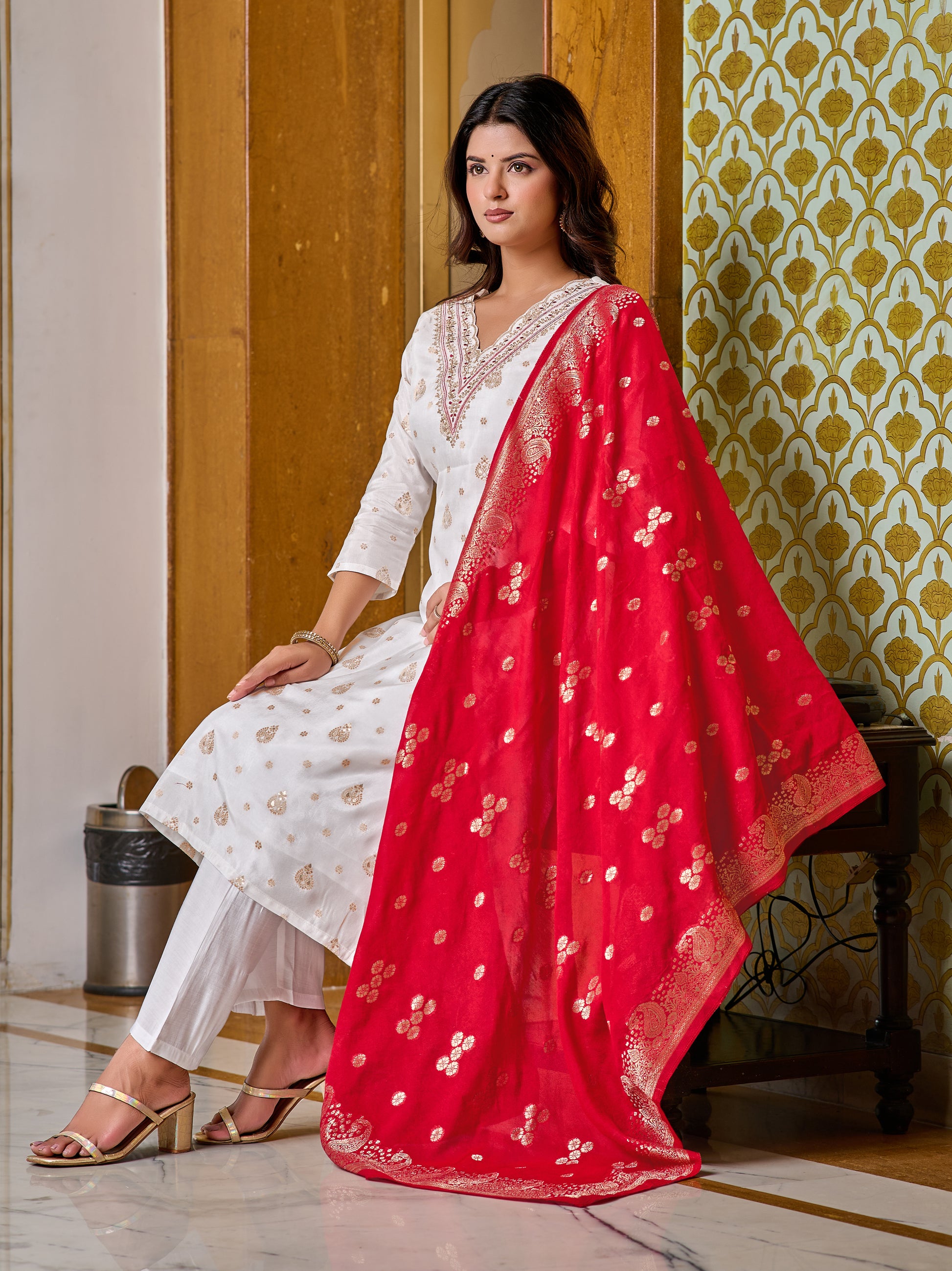 Jacquard Embroidered Kurta Set with Pant & Dupatta