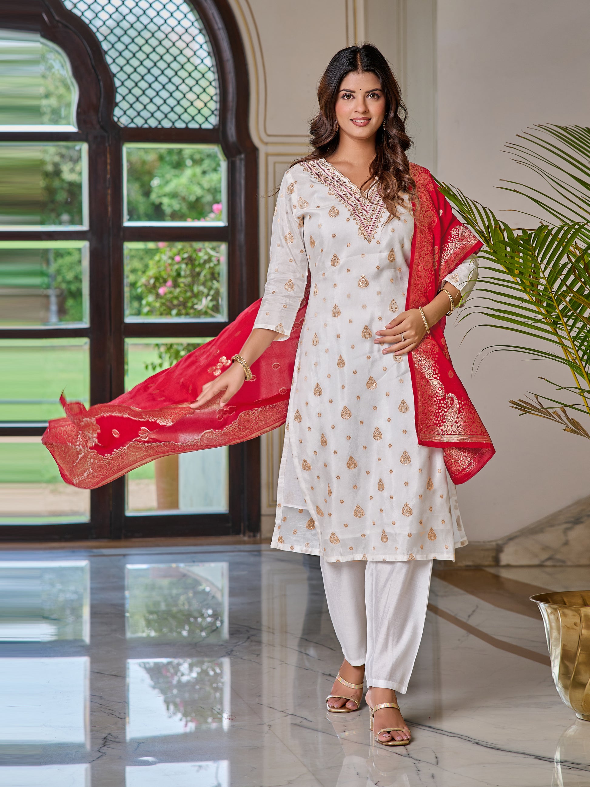 Jacquard Embroidered Kurta Set with Pant & Dupatta