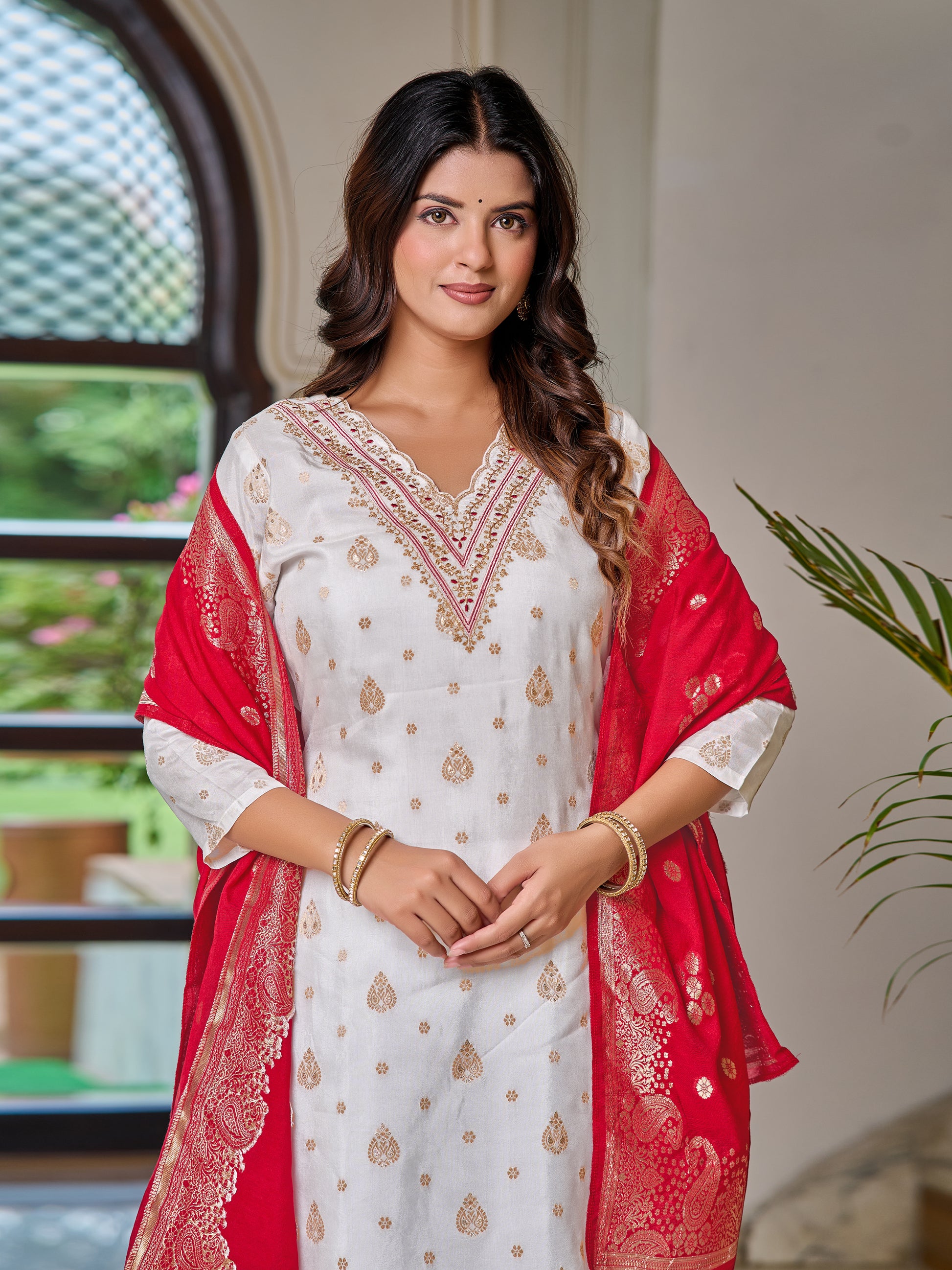 Jacquard Embroidered Kurta Set with Pant & Dupatta