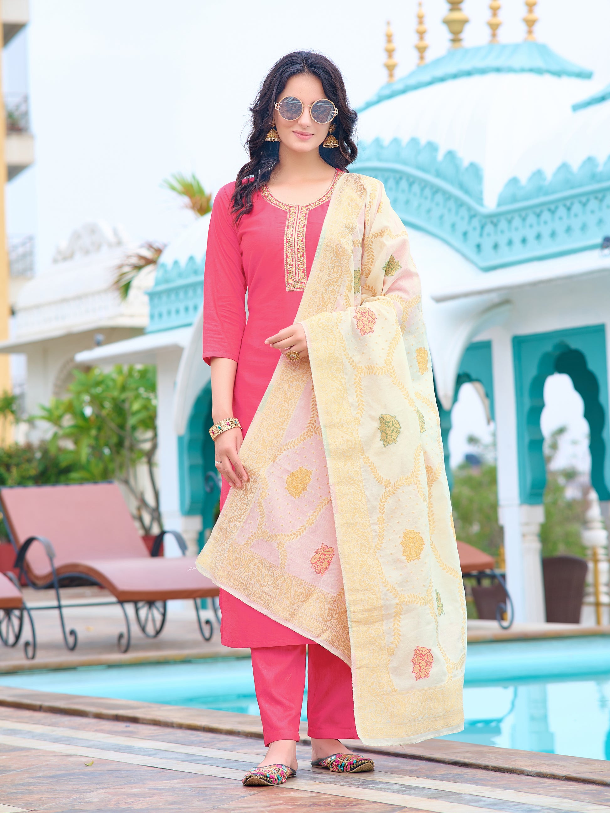 Kaya Embroidered Kurta Set with Pant & Jacquard Dupatta