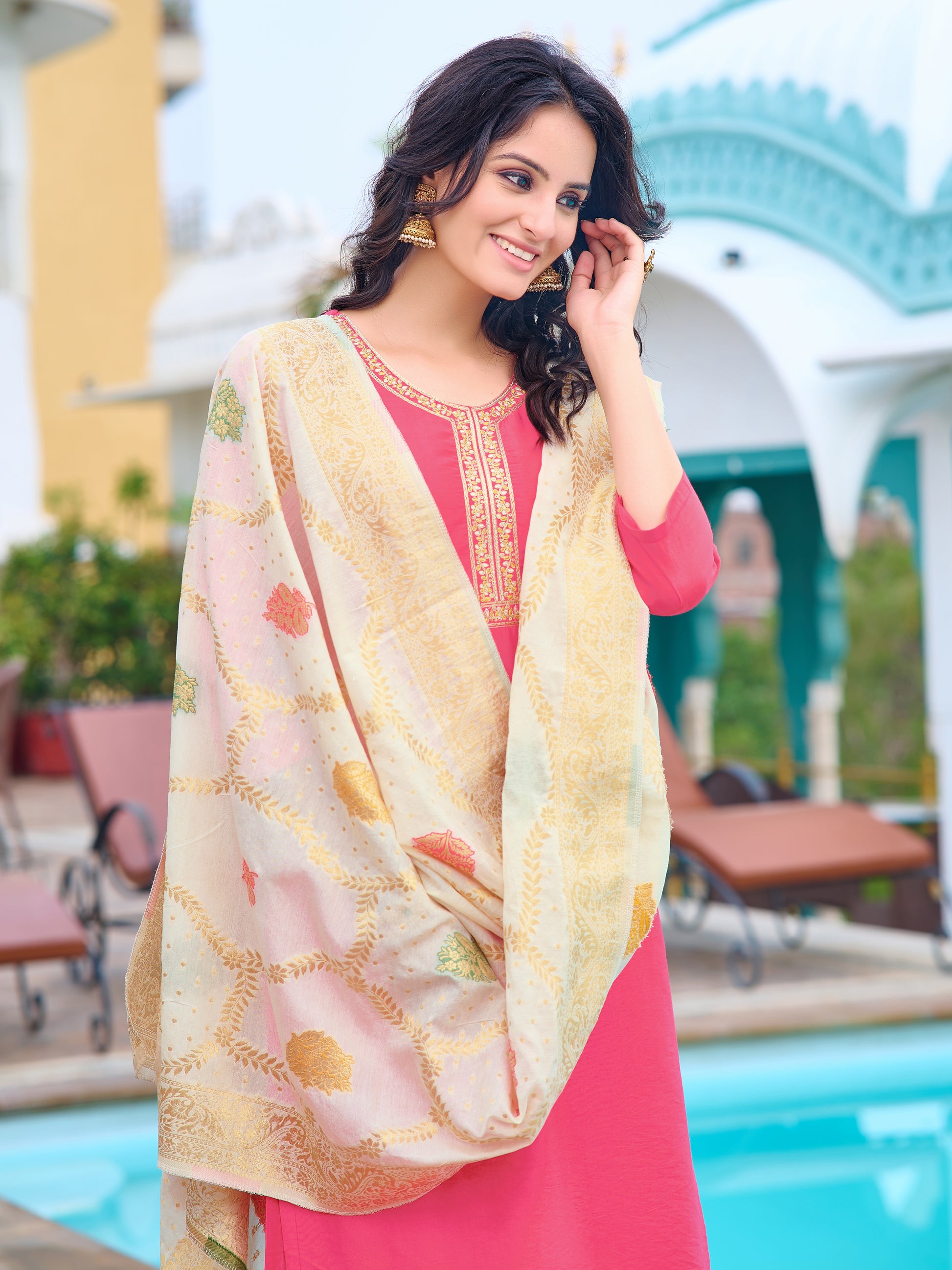 Kaya Embroidered Kurta Set with Pant & Jacquard Dupatta