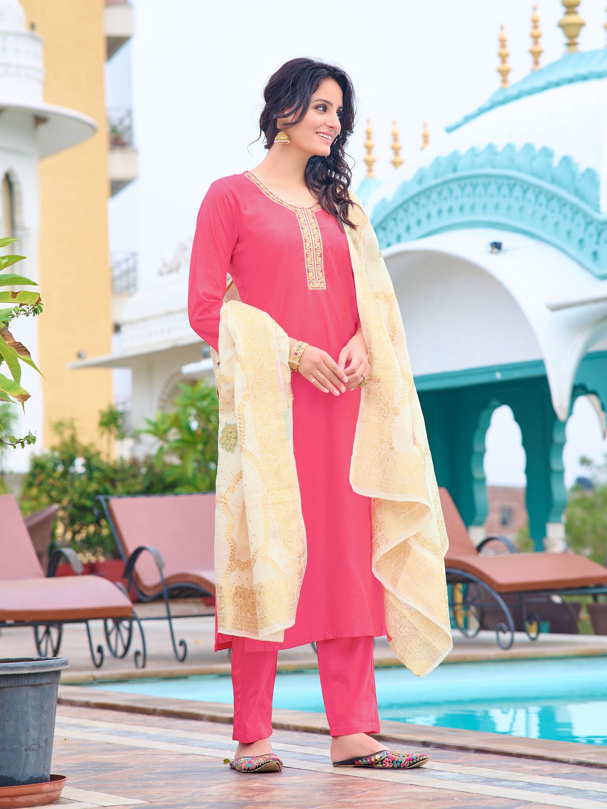 Kaya Embroidered Kurta Set with Pant & Jacquard Dupatta