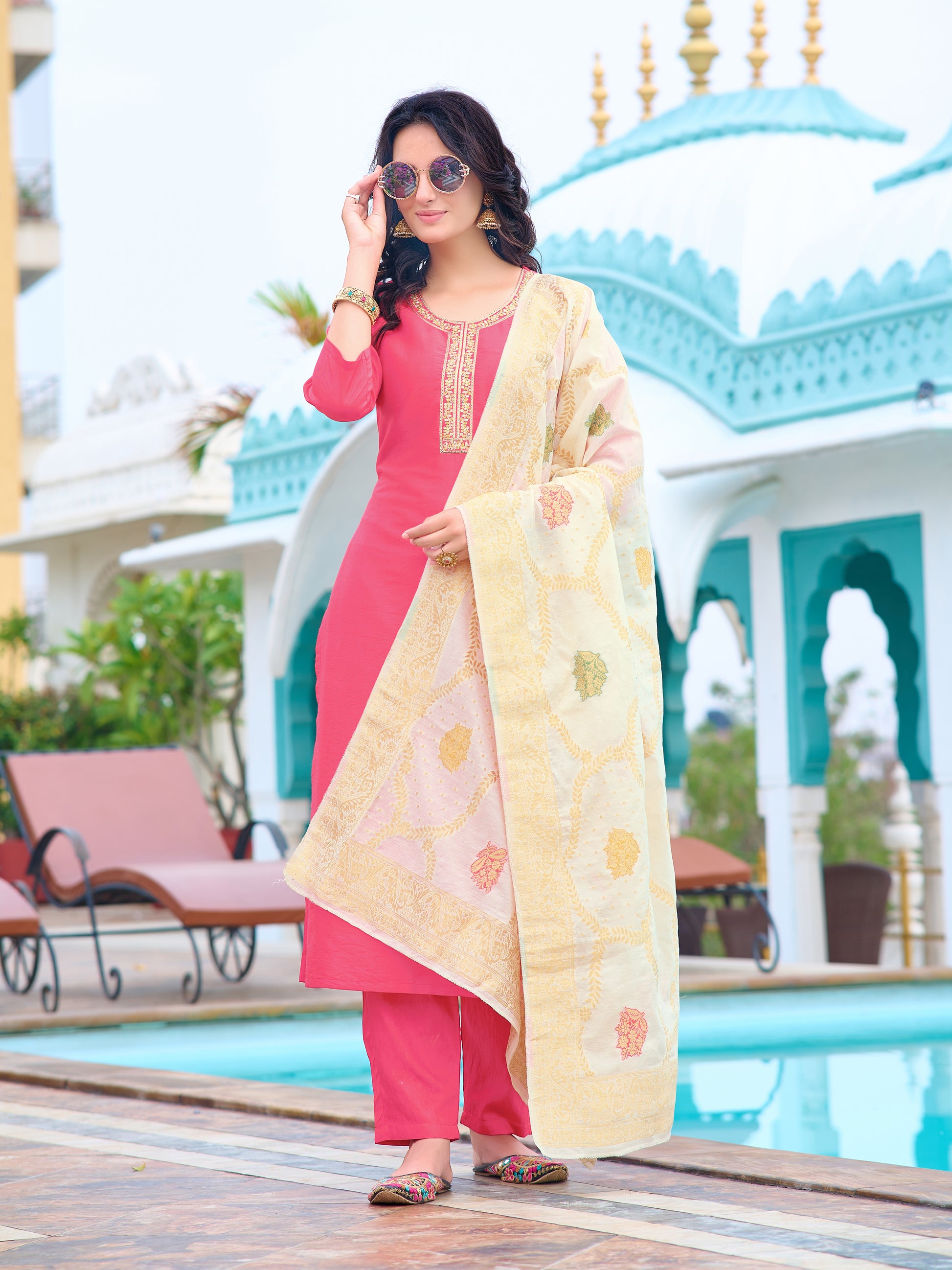 Kaya Embroidered Kurta Set with Pant & Jacquard Dupatta