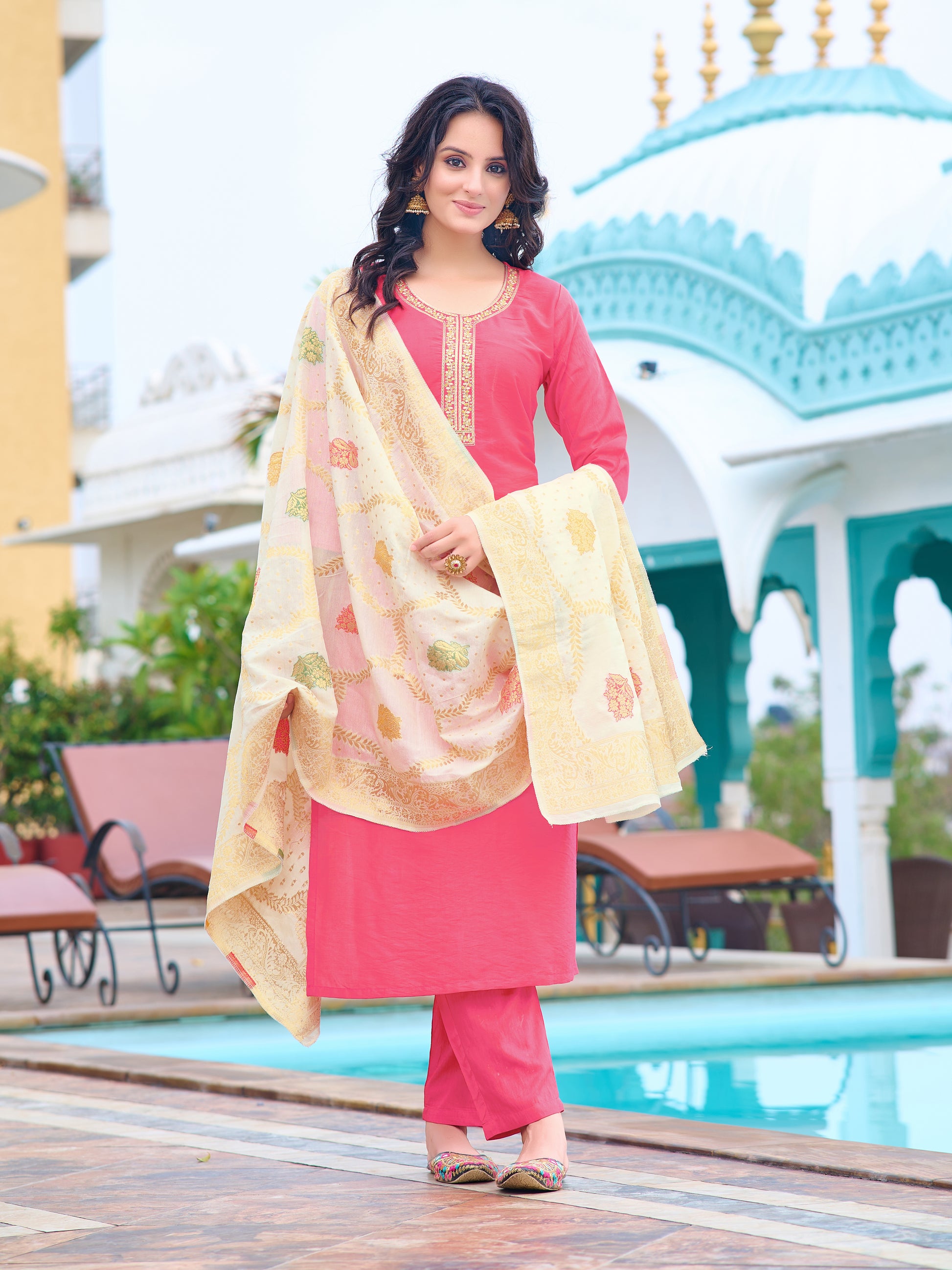 Kaya Embroidered Kurta Set with Pant & Jacquard Dupatta