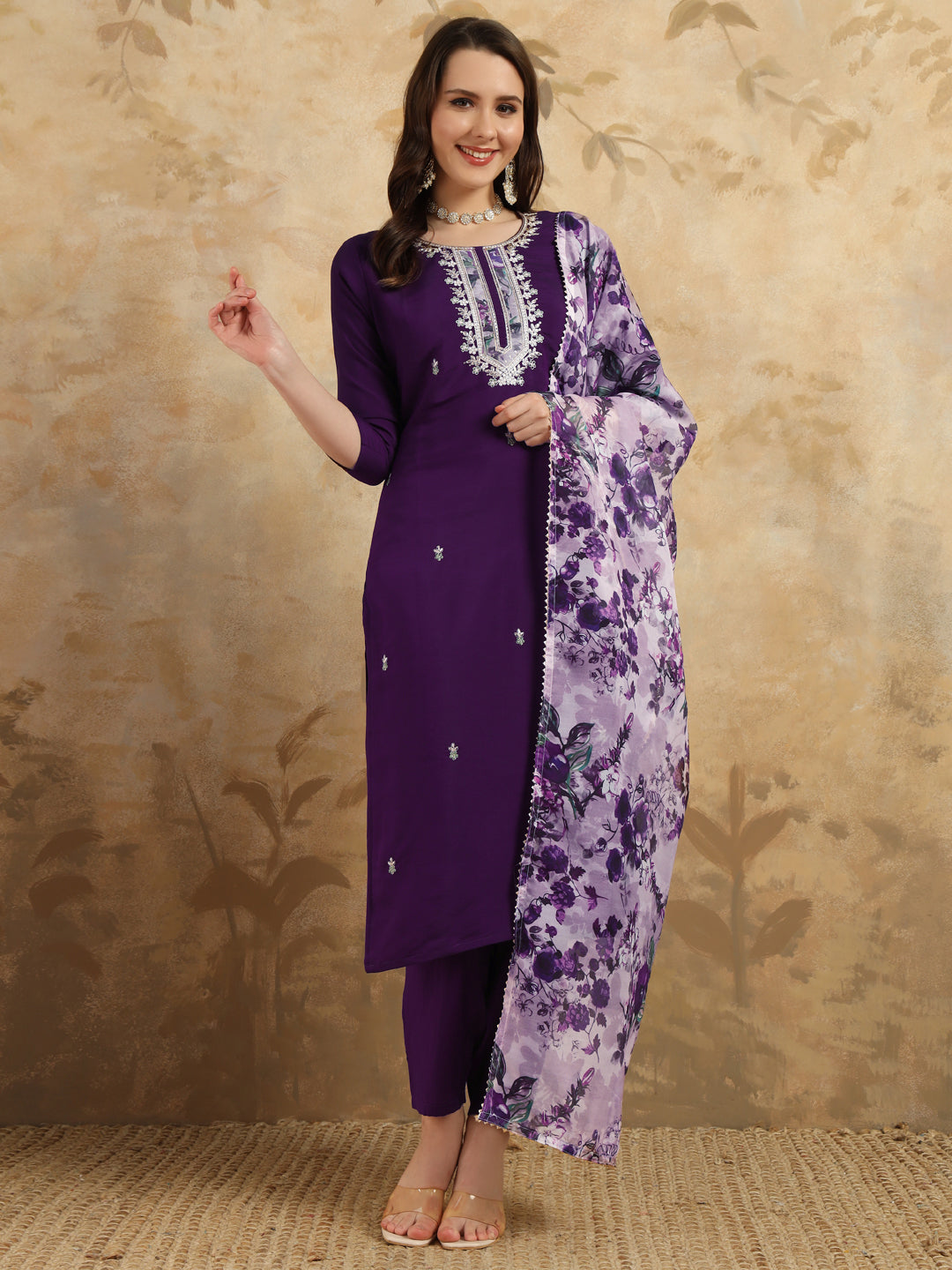 Embroidered Chanderi Kurta Set with Pant & Digital Print Dupatta