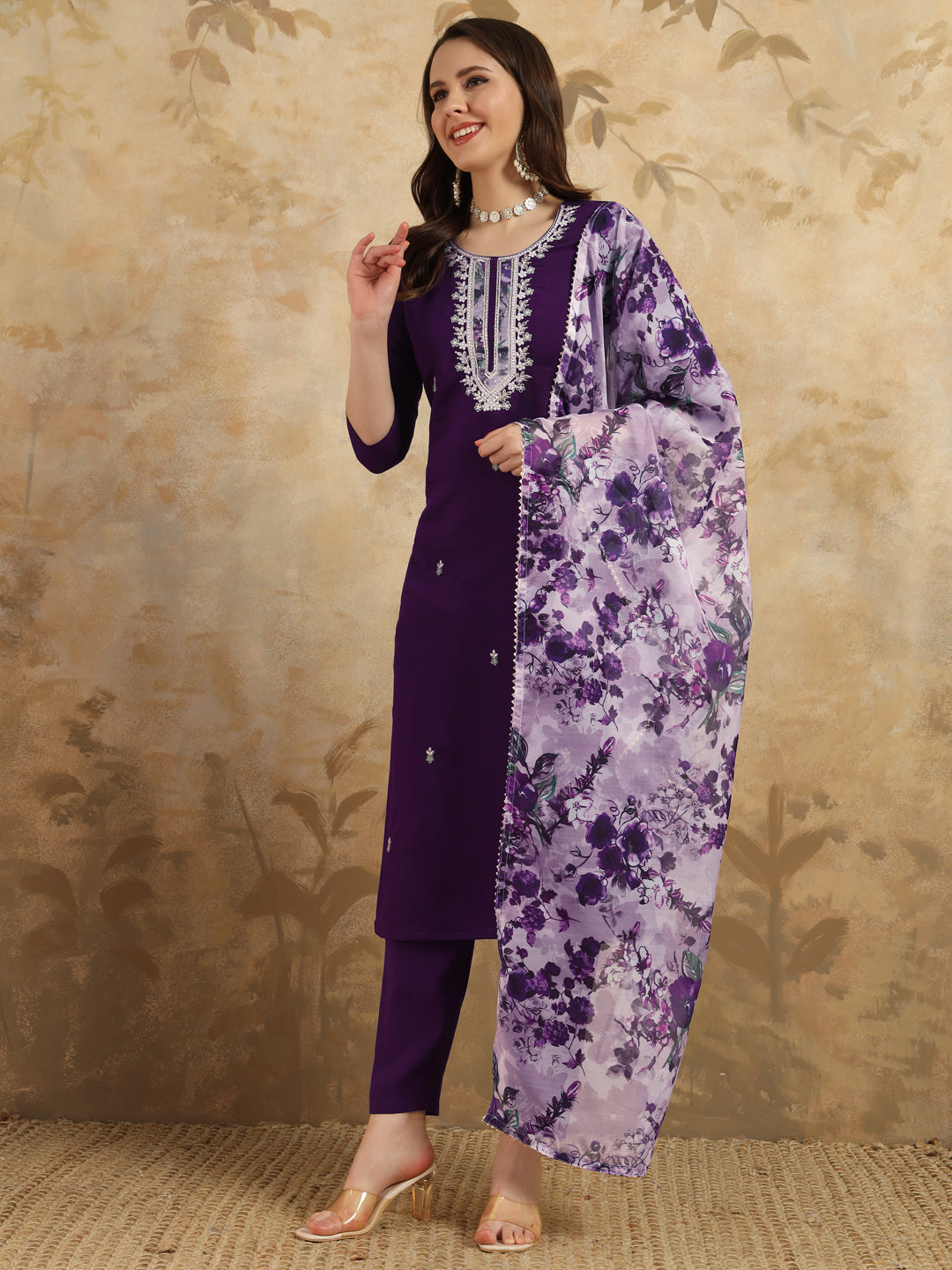 Embroidered Chanderi Kurta Set with Pant & Digital Print Dupatta
