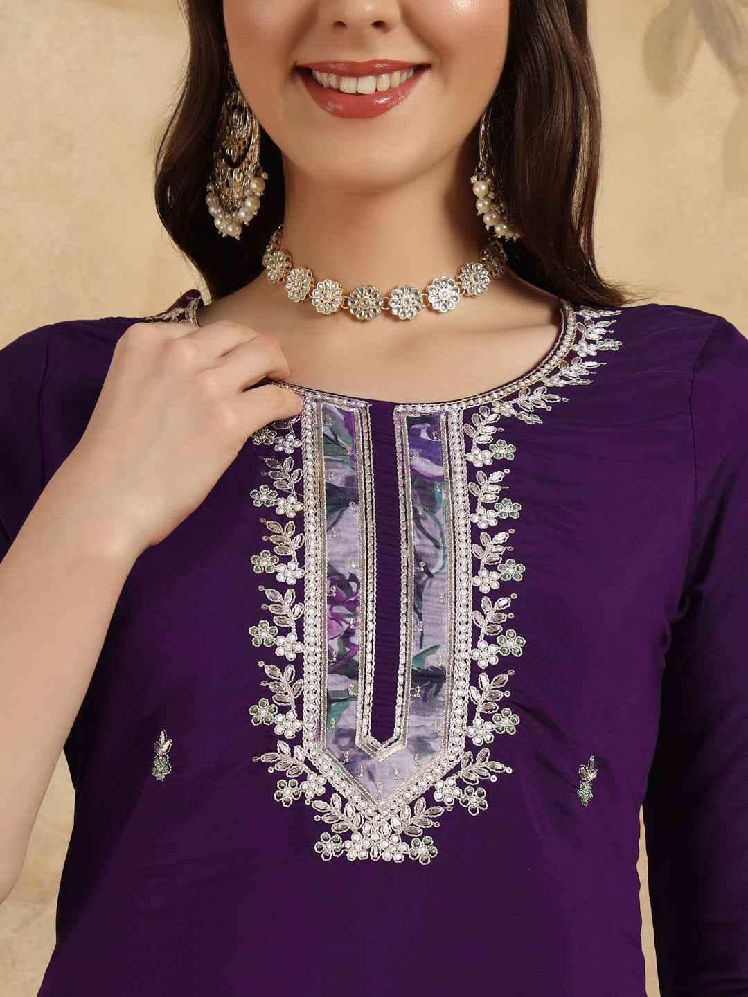 Embroidered Chanderi Kurta Set with Pant & Digital Print Dupatta