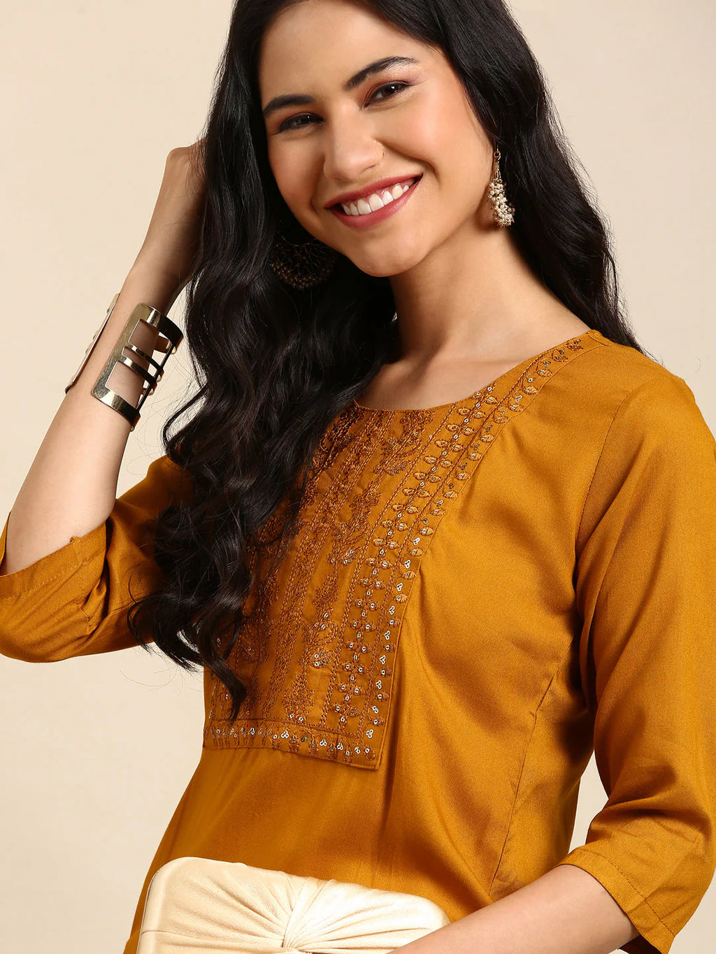 Kavya Mustard Thread-Work Straight Kurta