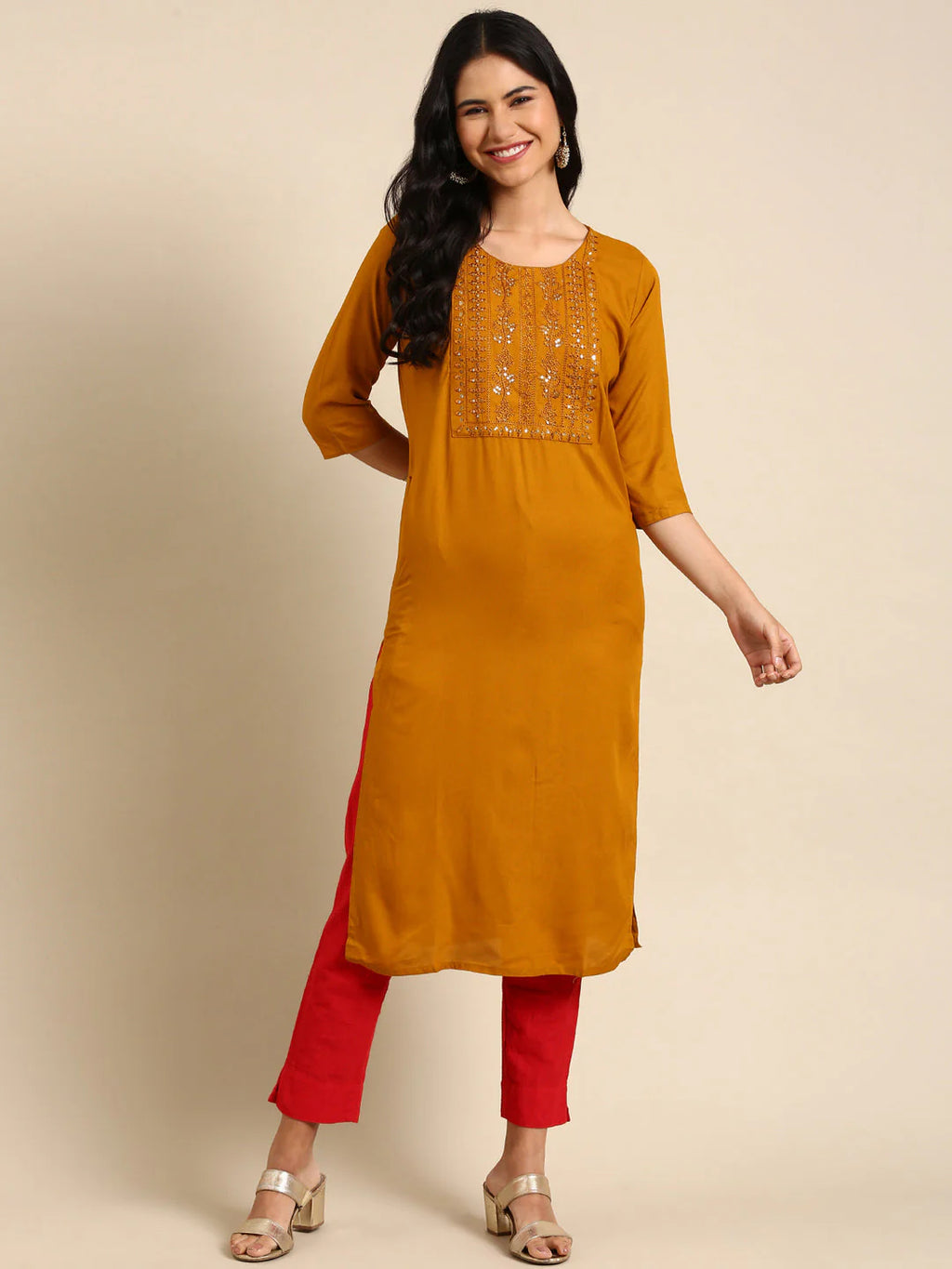 Kavya Mustard Thread-Work Straight Kurta
