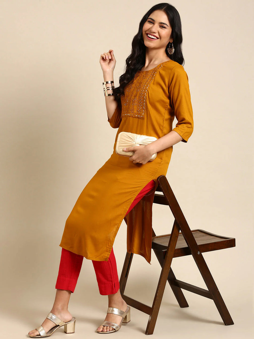 Kavya Mustard Thread-Work Straight Kurta