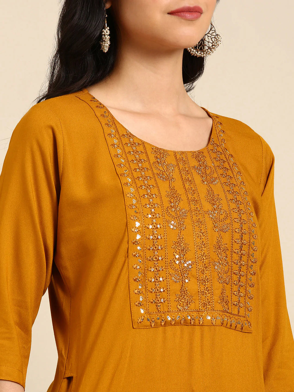Kavya Mustard Thread-Work Straight Kurta