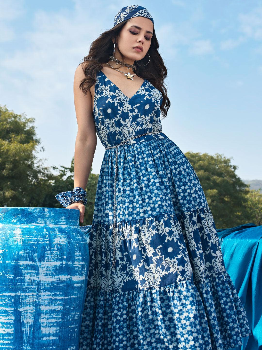 Indigo Bloom Cotton Fit & Flare Dress