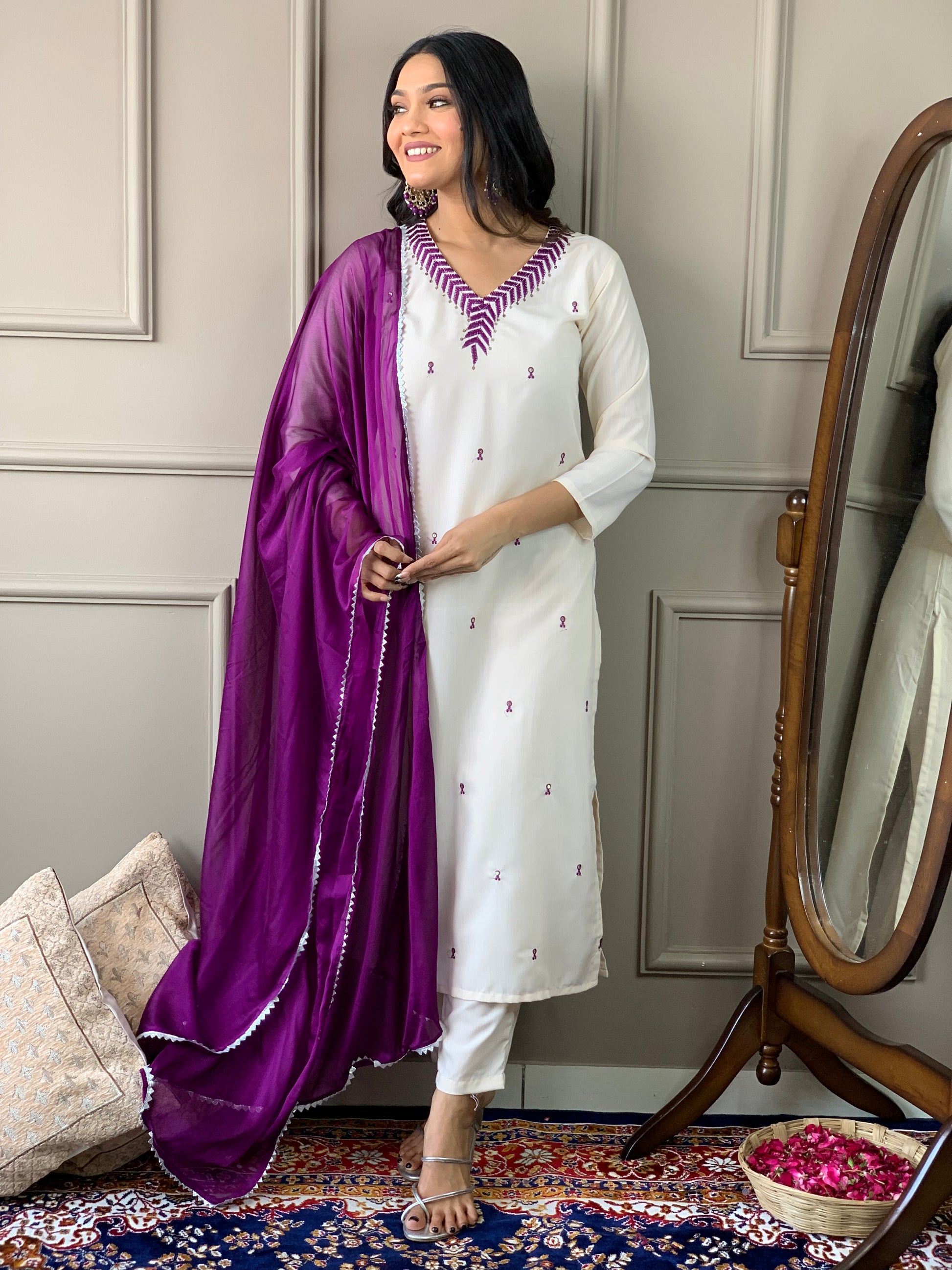 Rayon Slub Embroidered Kurta Set with Pant & Chinon Dupatta