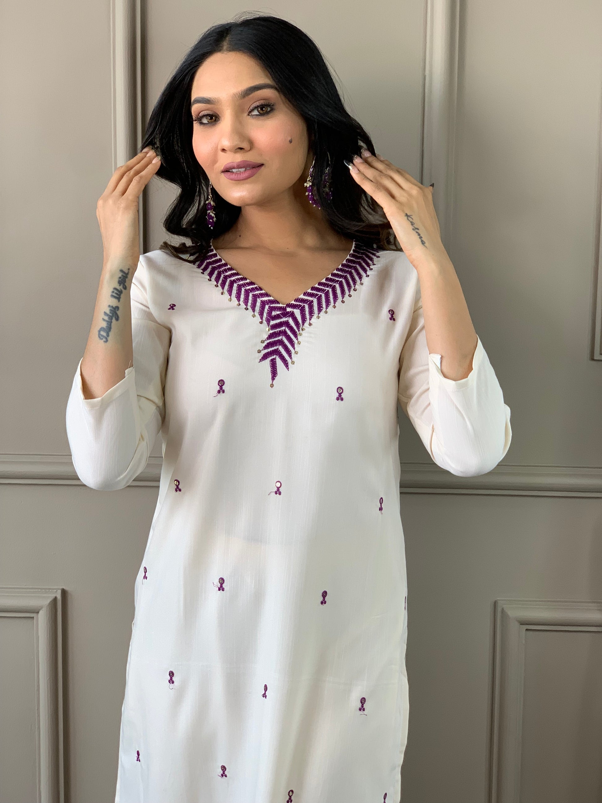 Rayon Slub Embroidered Kurta Set with Pant & Chinon Dupatta