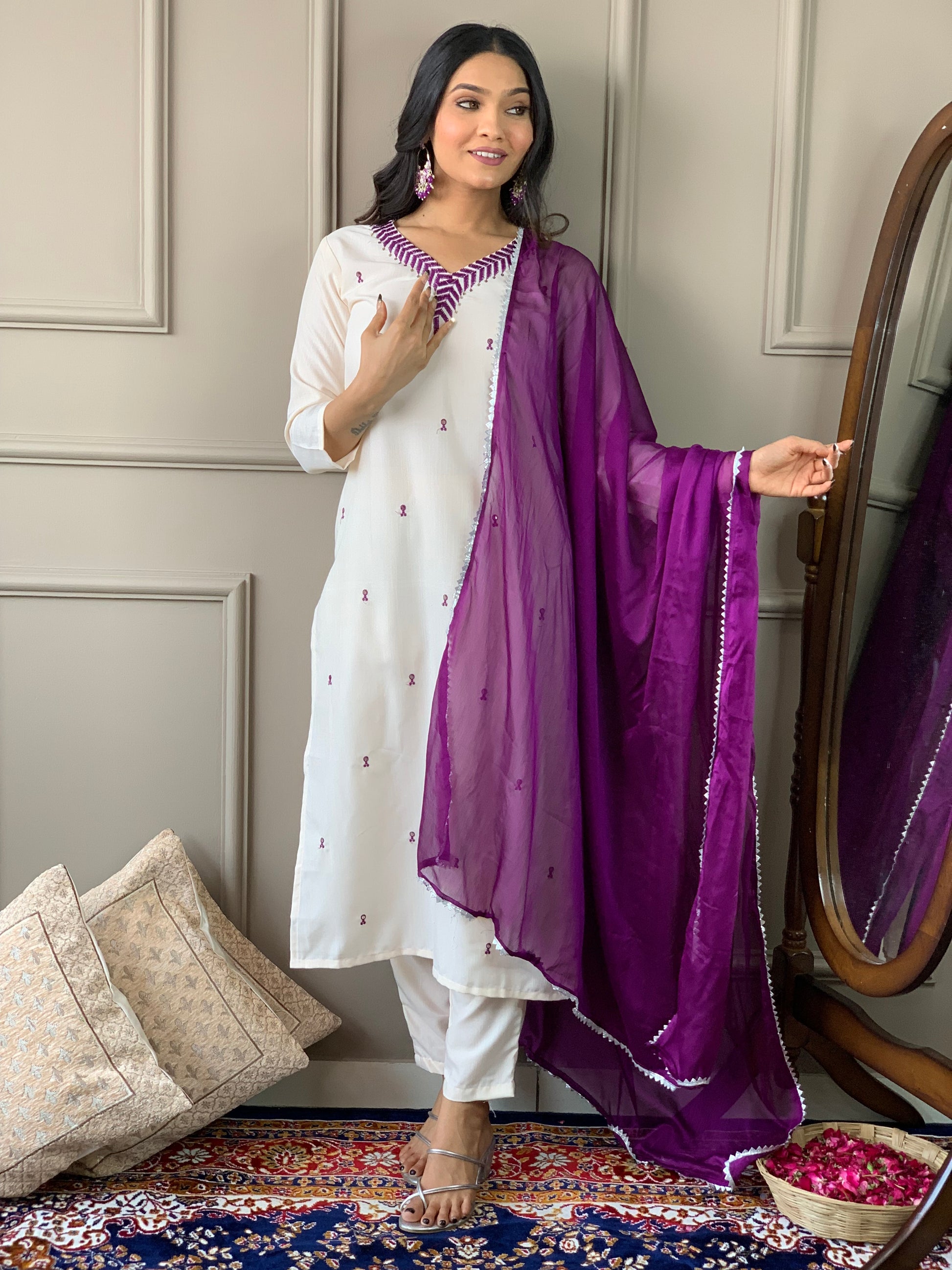 Rayon Slub Embroidered Kurta Set with Pant & Chinon Dupatta