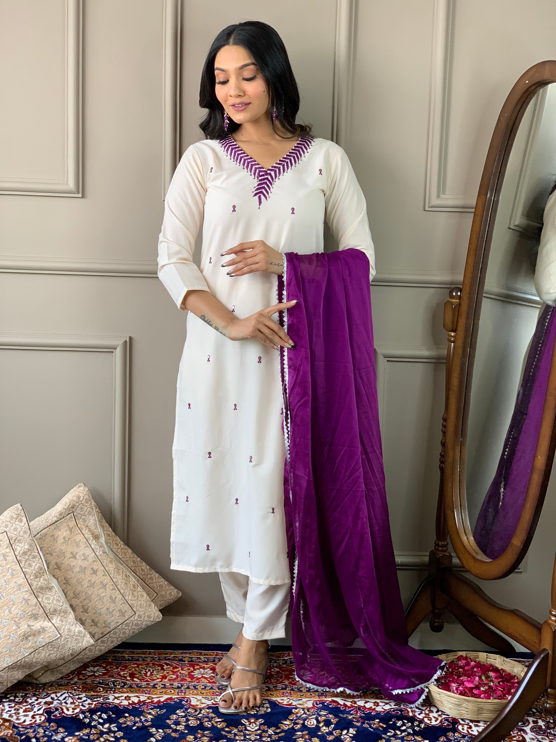 Rayon Slub Embroidered Kurta Set with Pant & Chinon Dupatta