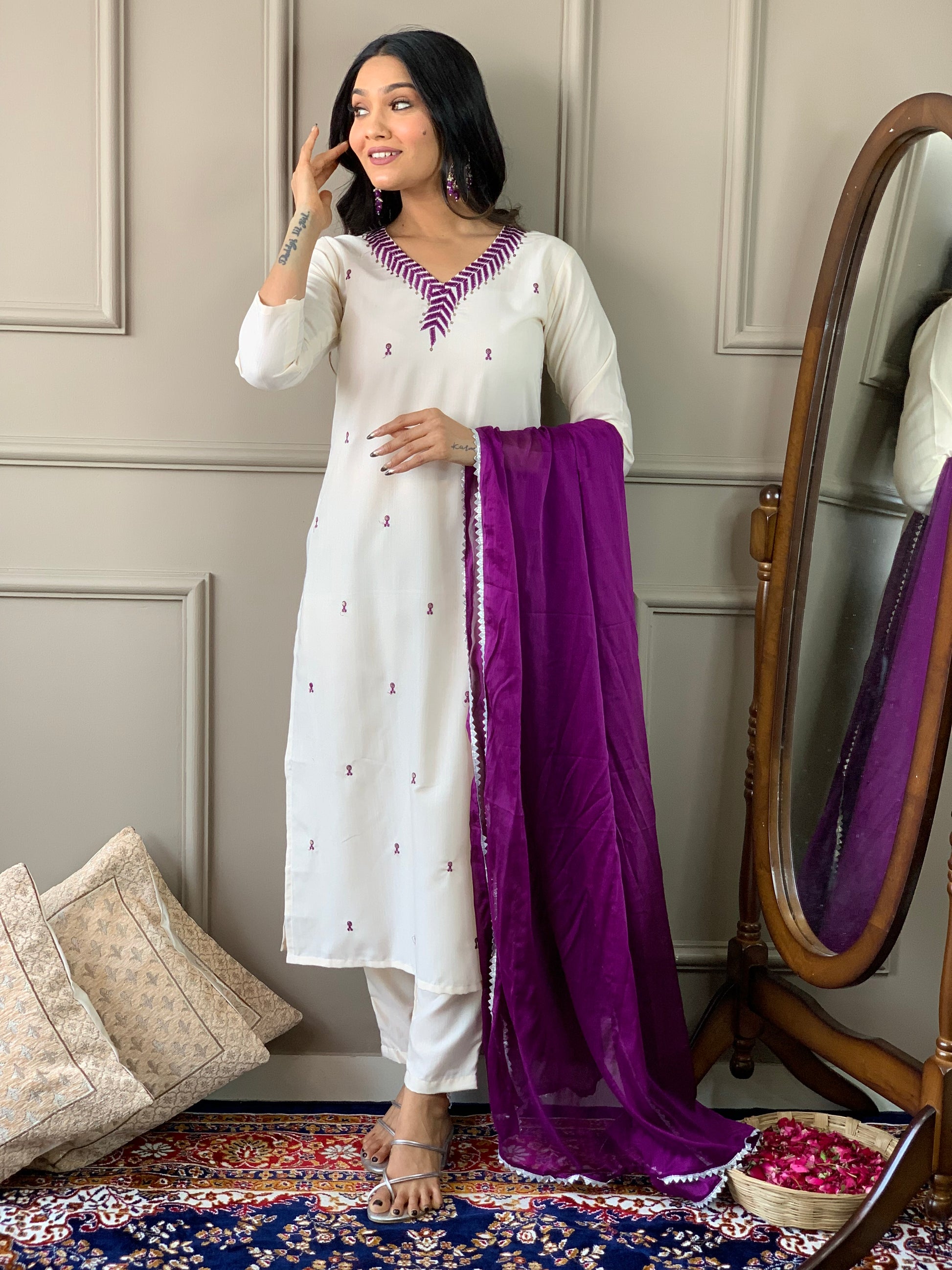 Rayon Slub Embroidered Kurta Set with Pant & Chinon Dupatta