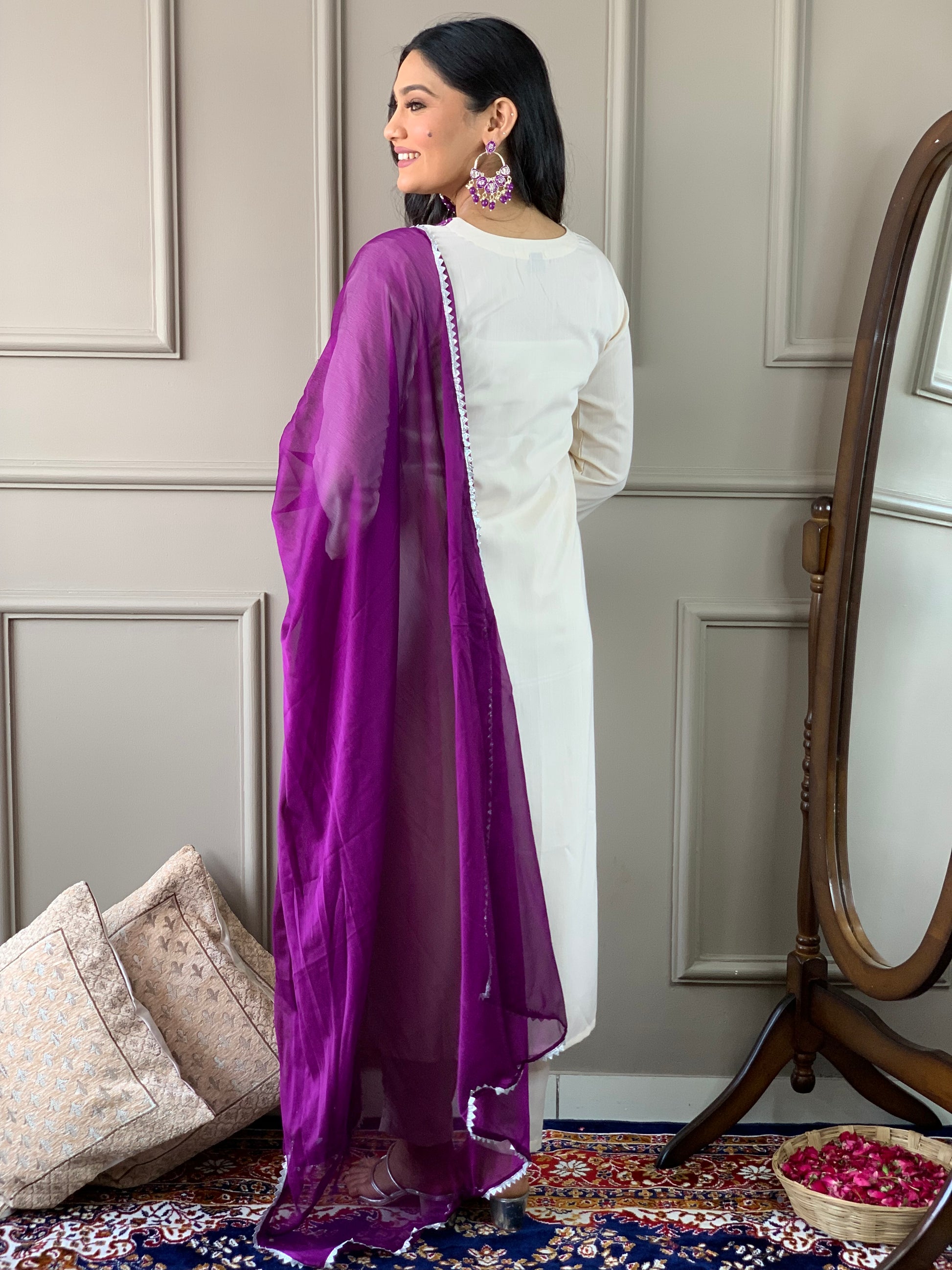 Rayon Slub Embroidered Kurta Set with Pant & Chinon Dupatta
