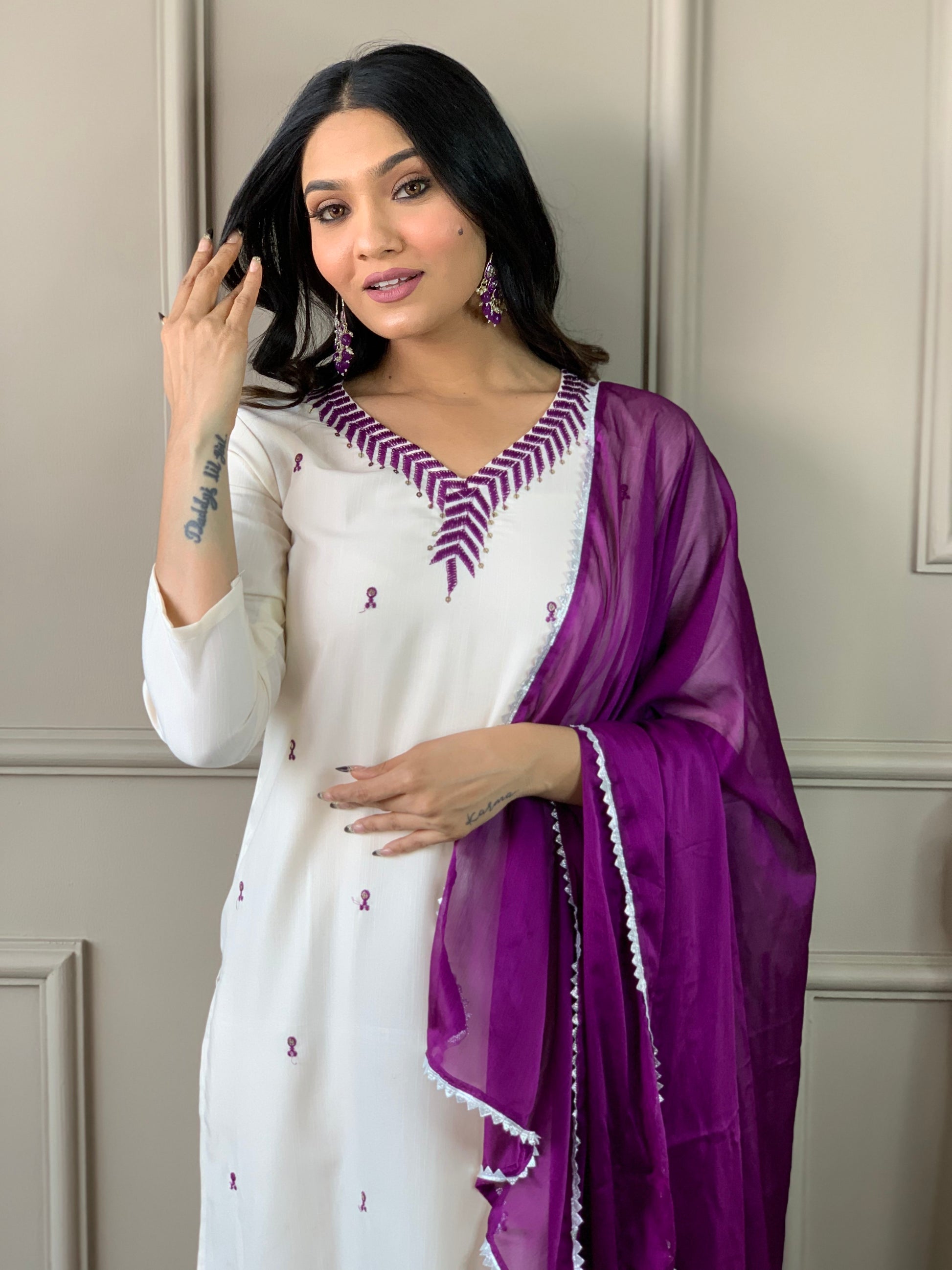 Rayon Slub Embroidered Kurta Set with Pant & Chinon Dupatta