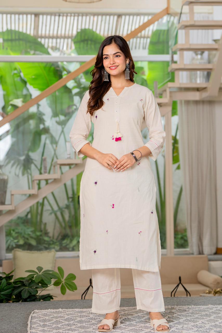 Noorvi Embroidered Cotton Cambric Kurta Pant Set ✨