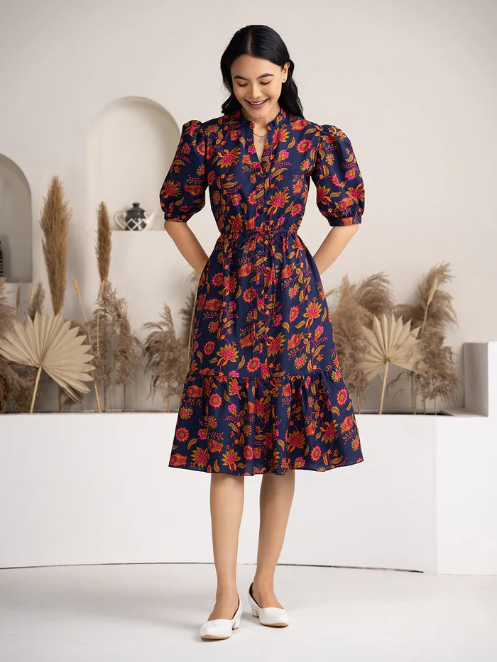 Crushed Crepe Floral Printed Dress