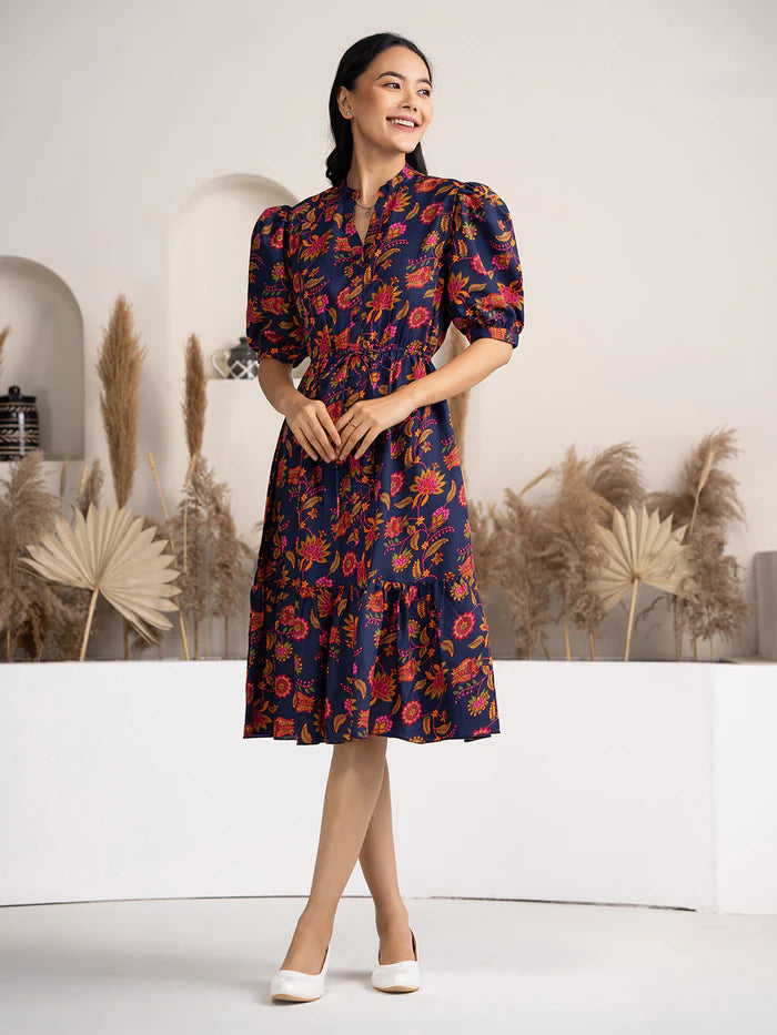 Crushed Crepe Floral Printed Dress