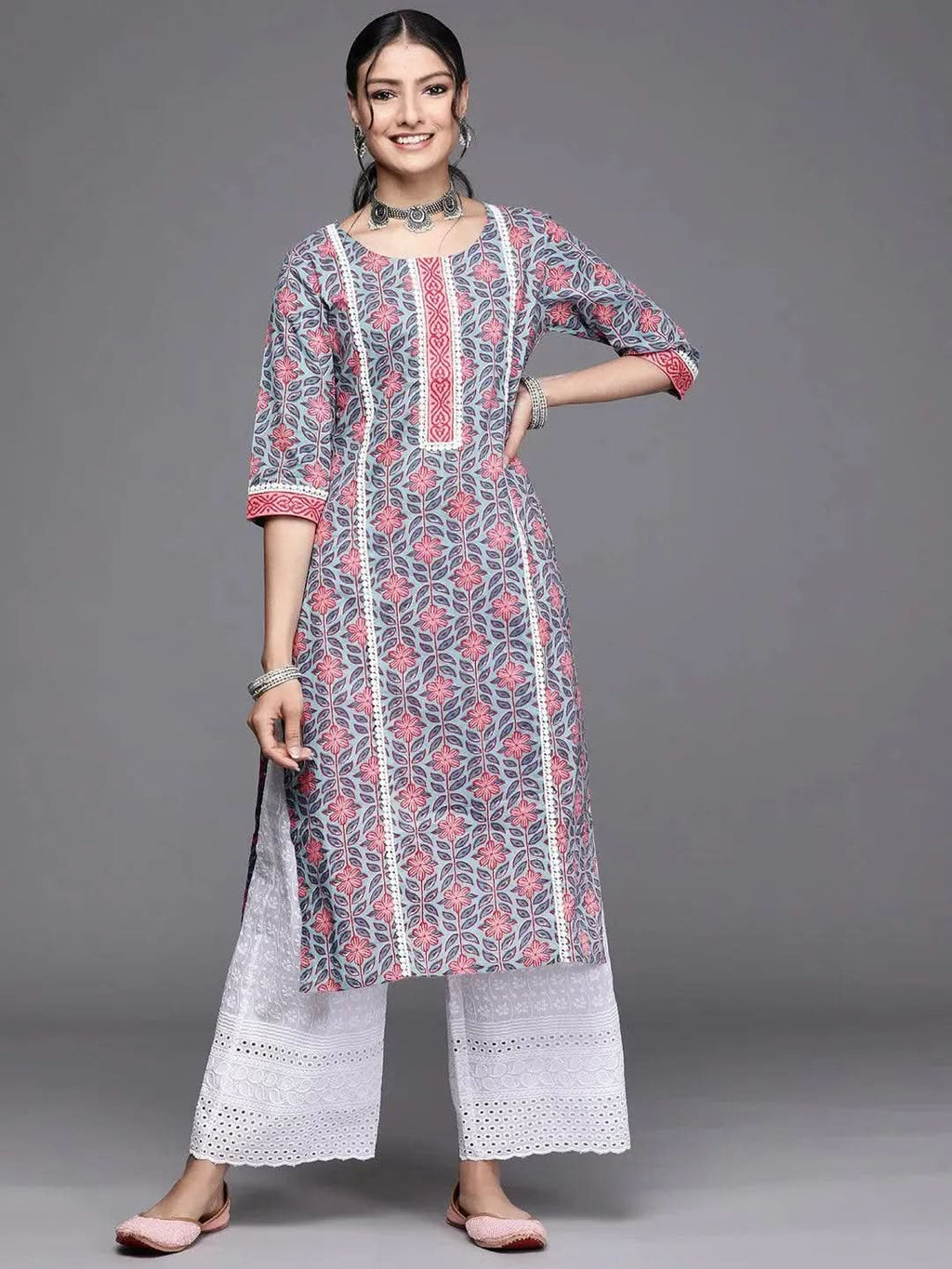 Iravya Blue Blossom Straight Kurta