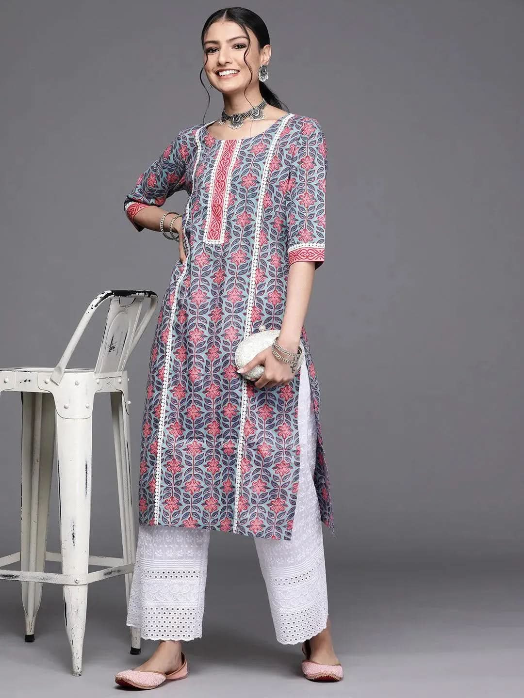 Iravya Blue Blossom Straight Kurta