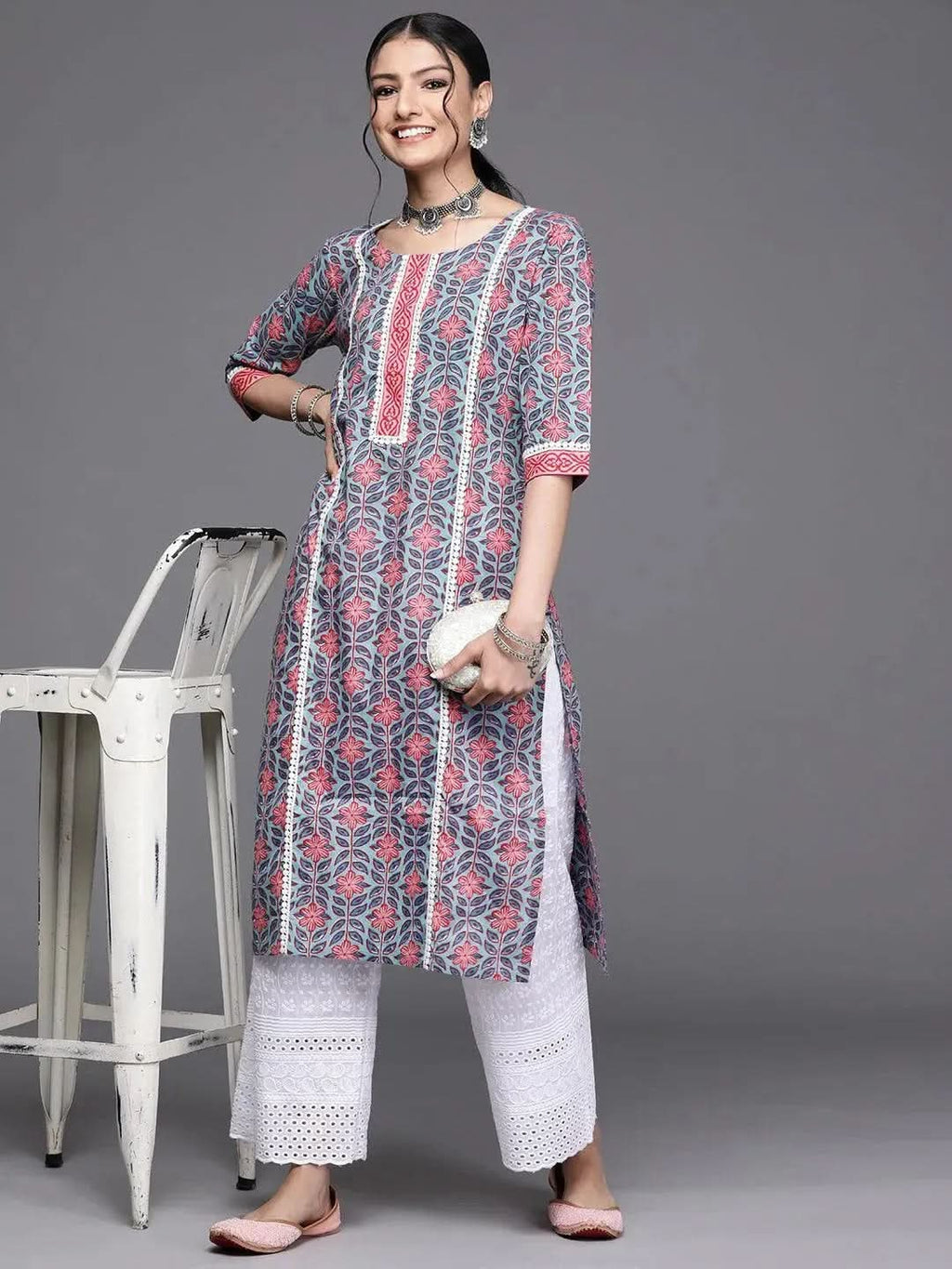 Iravya Blue Blossom Straight Kurta