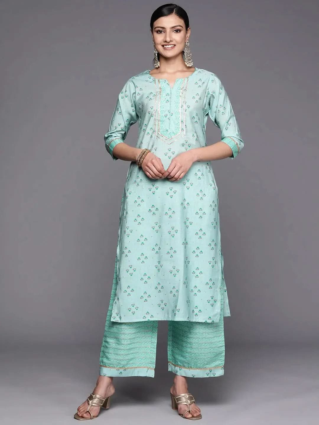 Blue Floral Print Cotton Kurta Set with Palazzo Pants