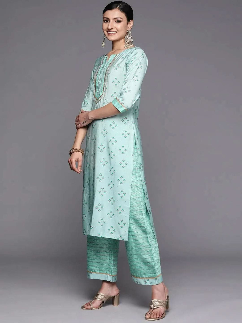 Blue Floral Print Cotton Kurta Set with Palazzo Pants