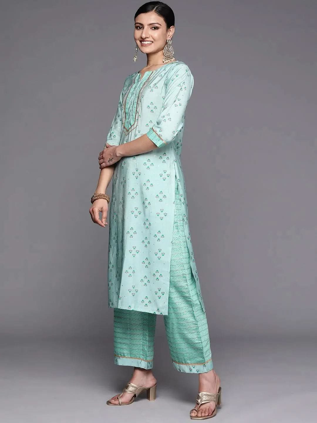 Blue Floral Print Cotton Kurta Set with Palazzo Pants